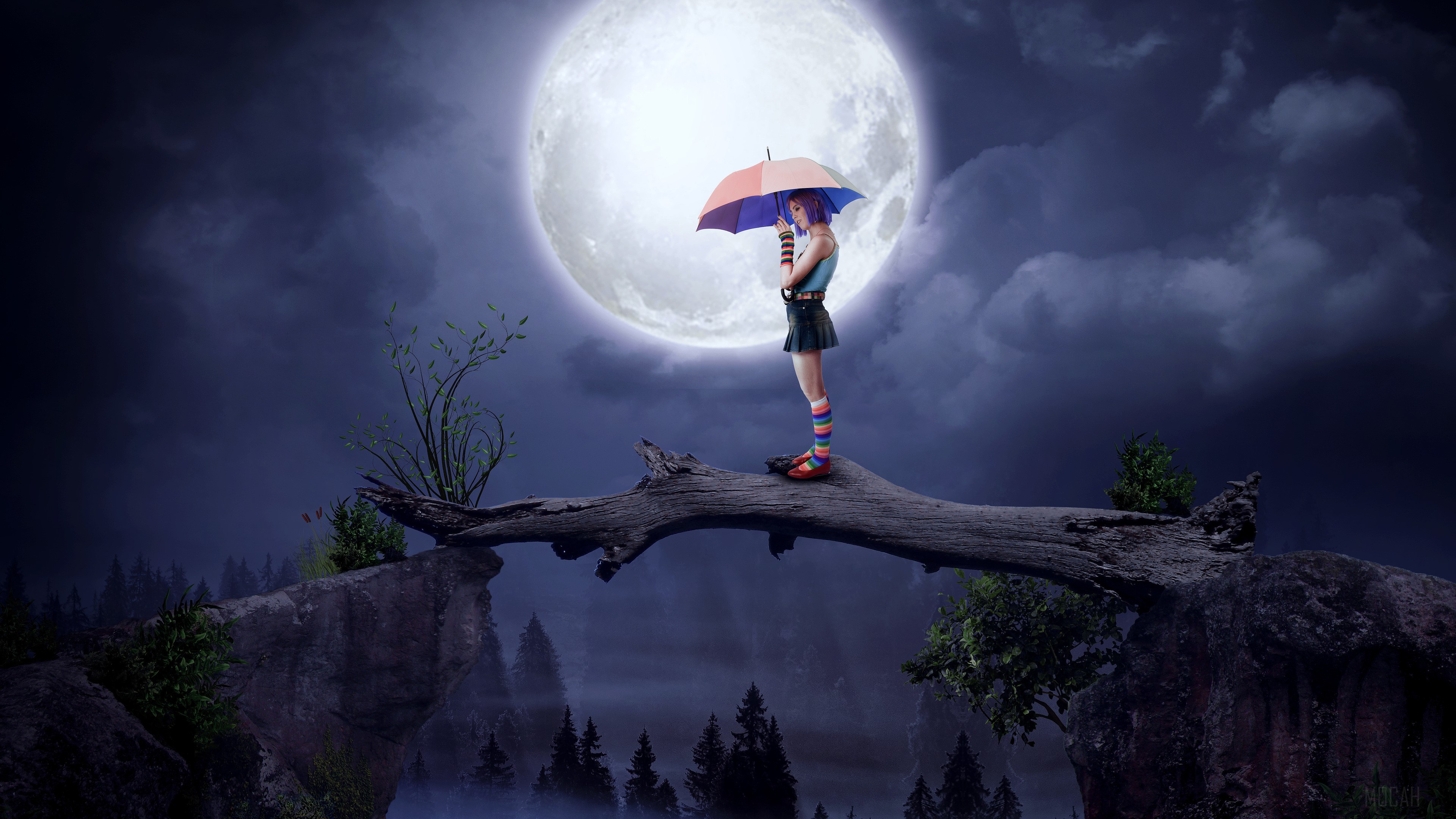 Girl with umbrella under big moon HD Wallpaper