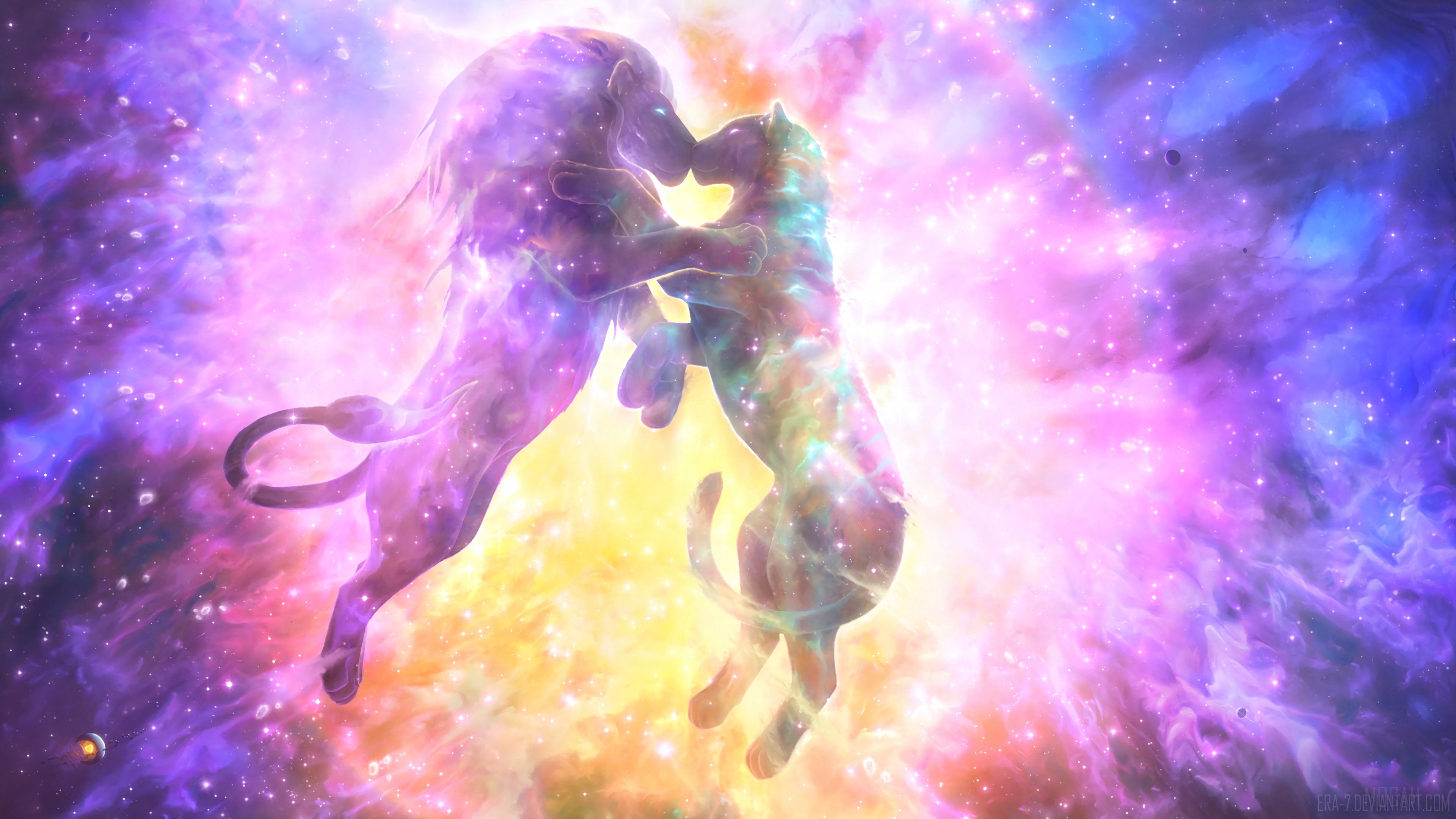 Cosmic Lion and Lioness Kiss in 4K HD Wallpaper