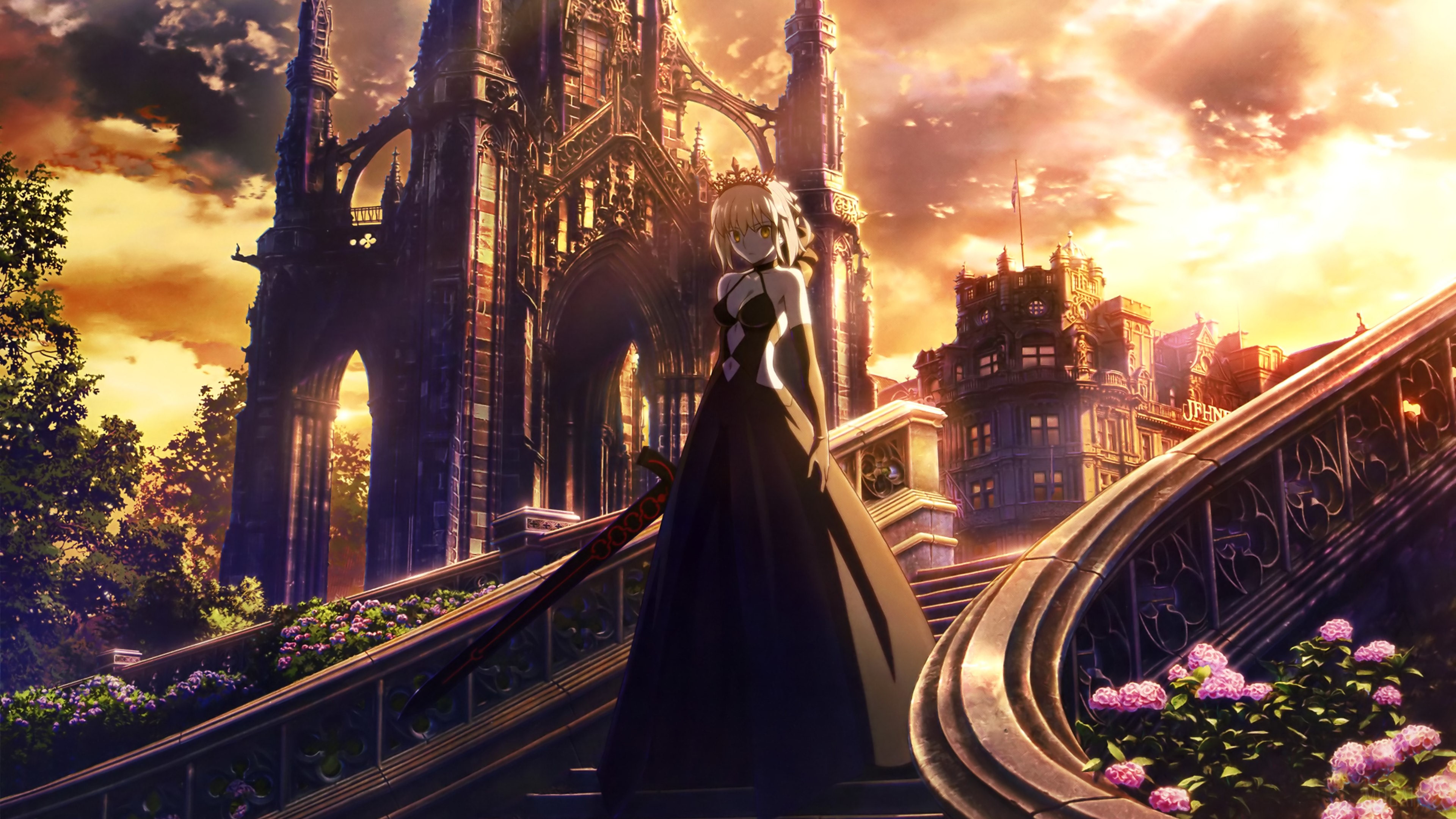 Saber from Fate Stay Night on stairs 4K HD Wallpaper