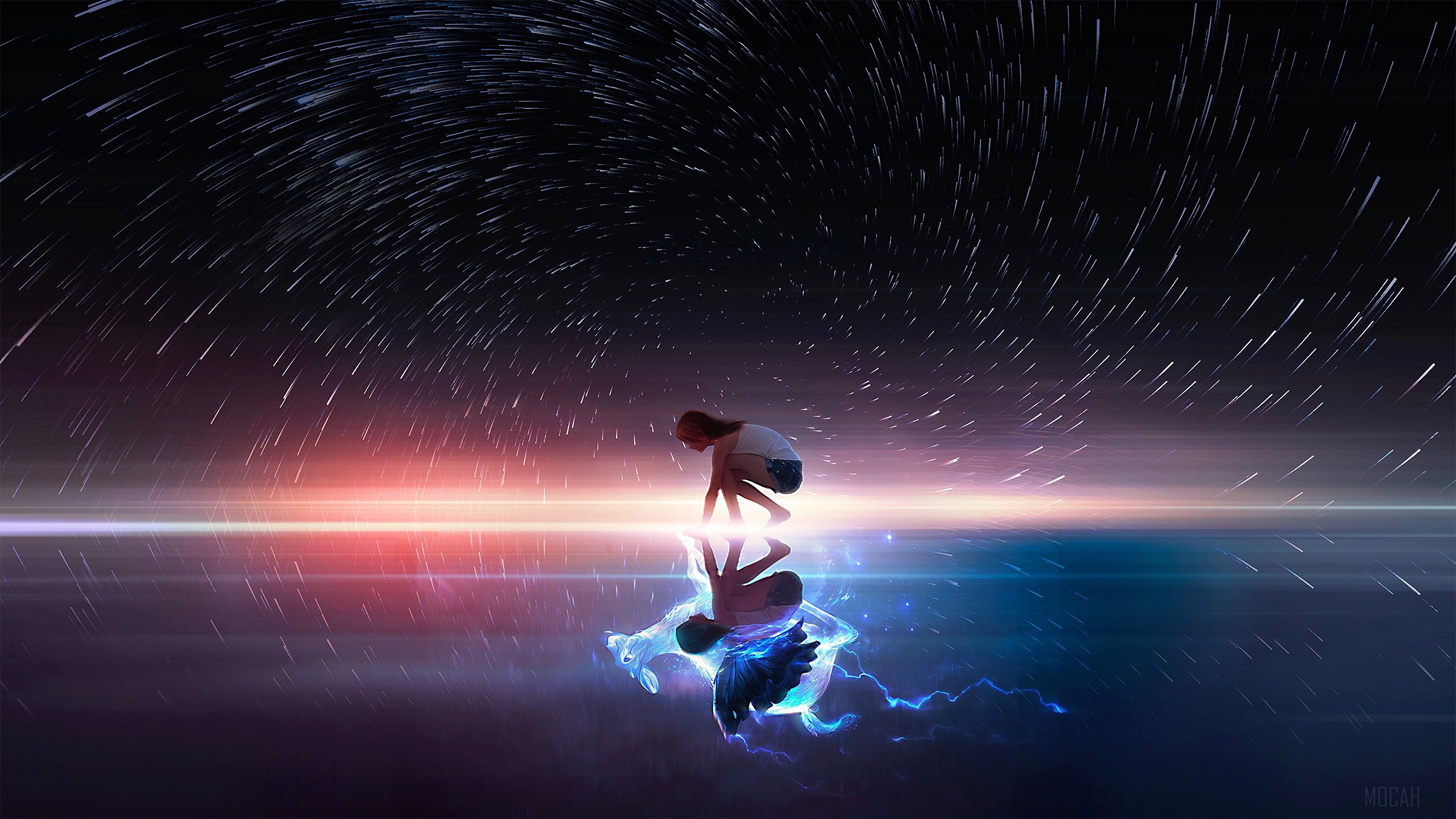 Mystical Girl Reflection with Glowing Wings 4K HD Wallpaper