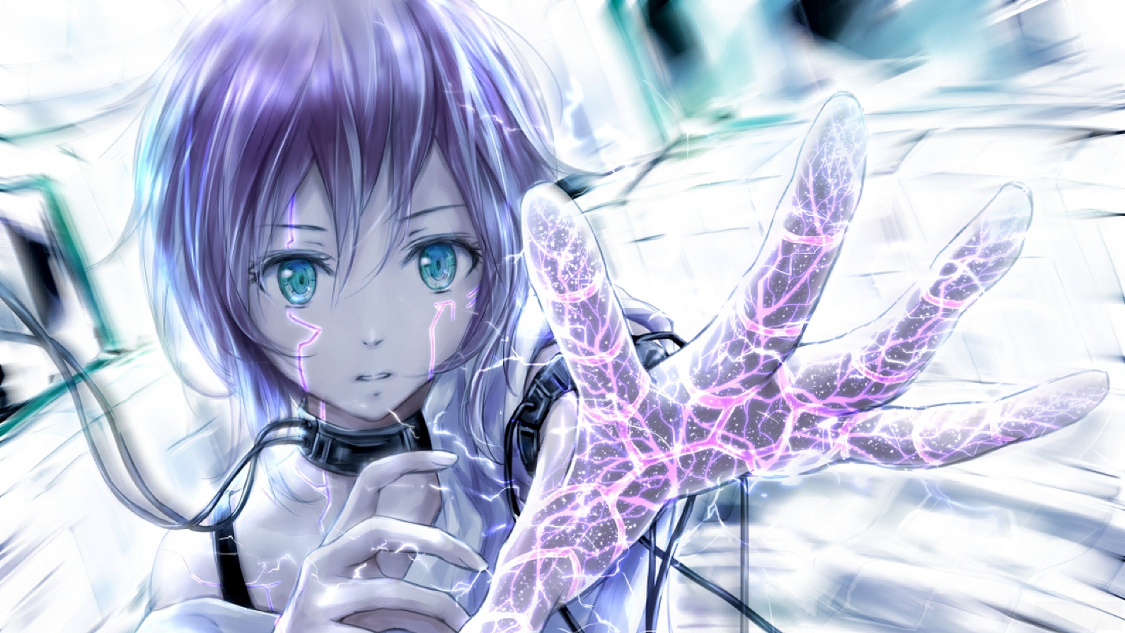 Anime girl with purple hair and glowing hand 4K HD Wallpaper