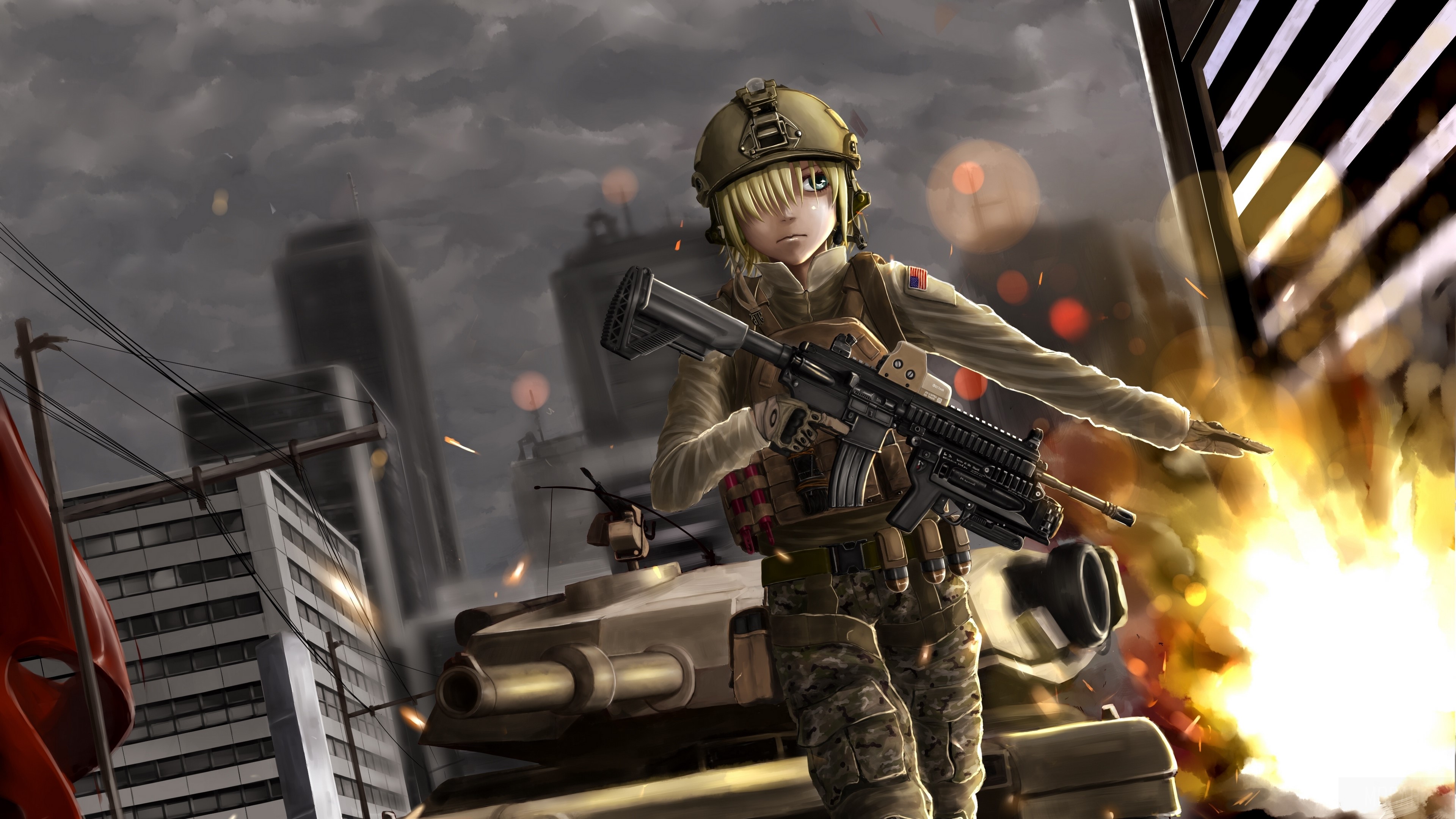Anime girl soldier with rifle and tank on battlefield 4K HD Wallpaper