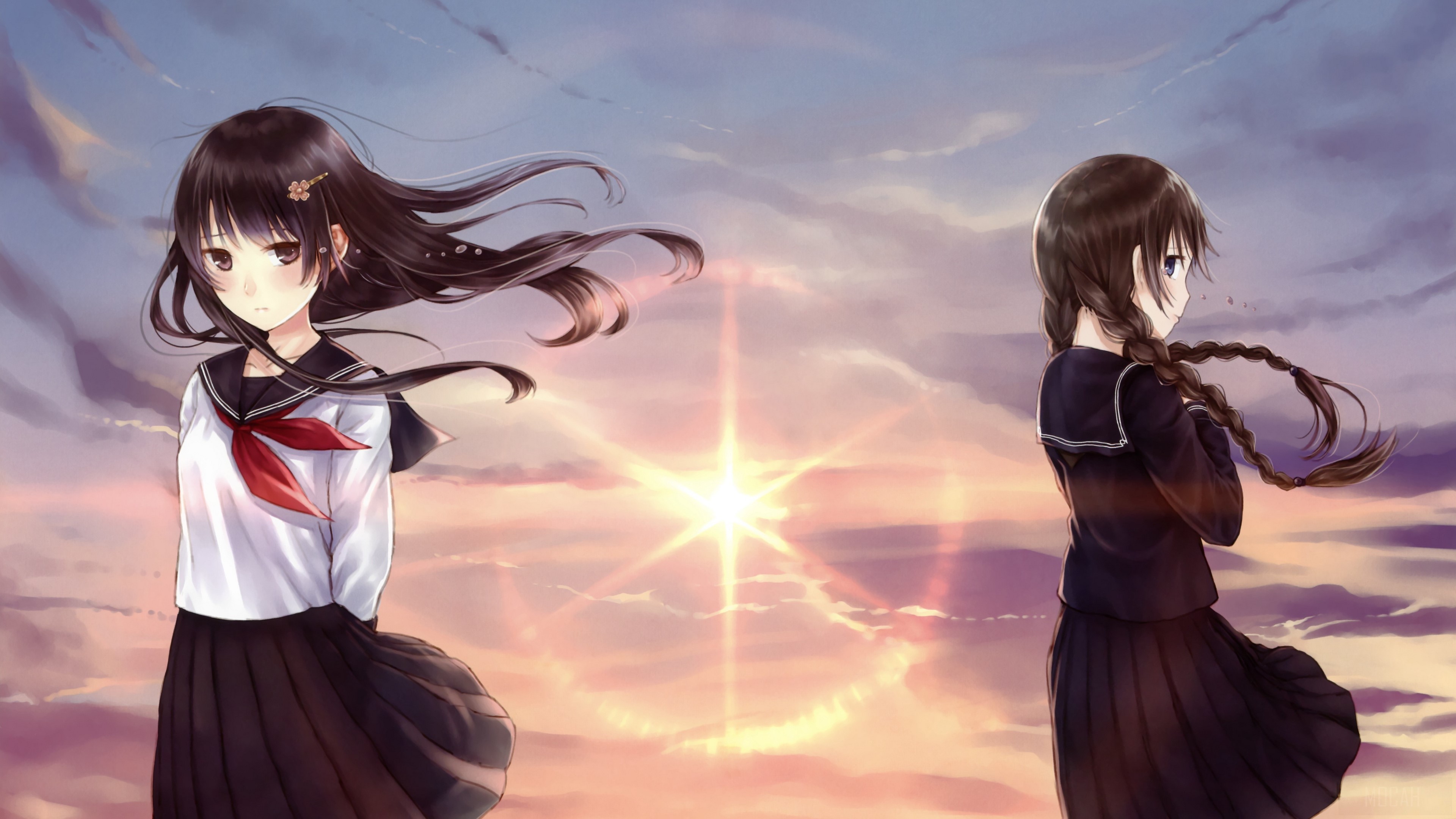 Two schoolgirls in front of a sunset HD Wallpaper