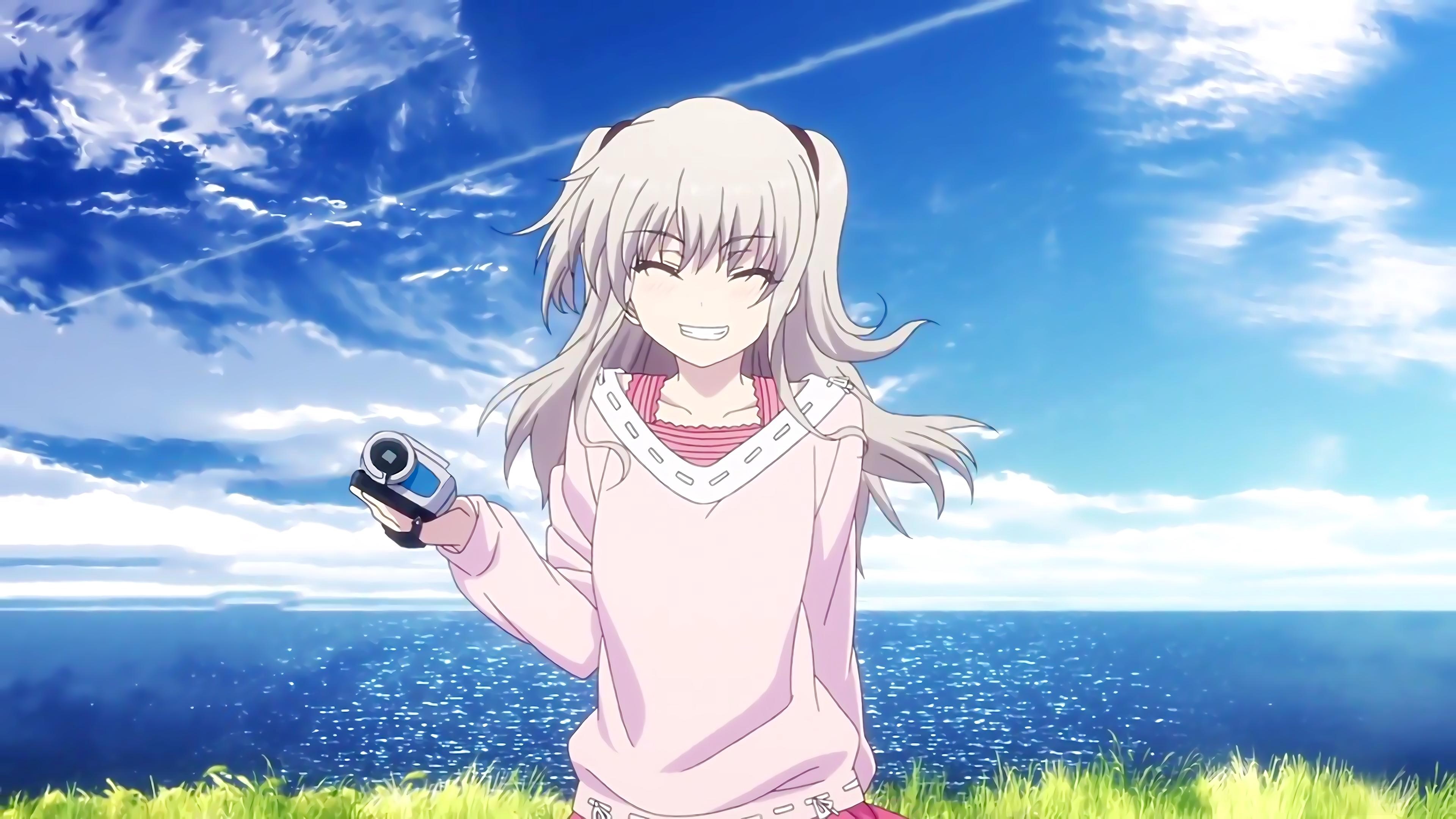 Nao Tomori from Charlotte holding a camcorder HD Wallpaper
