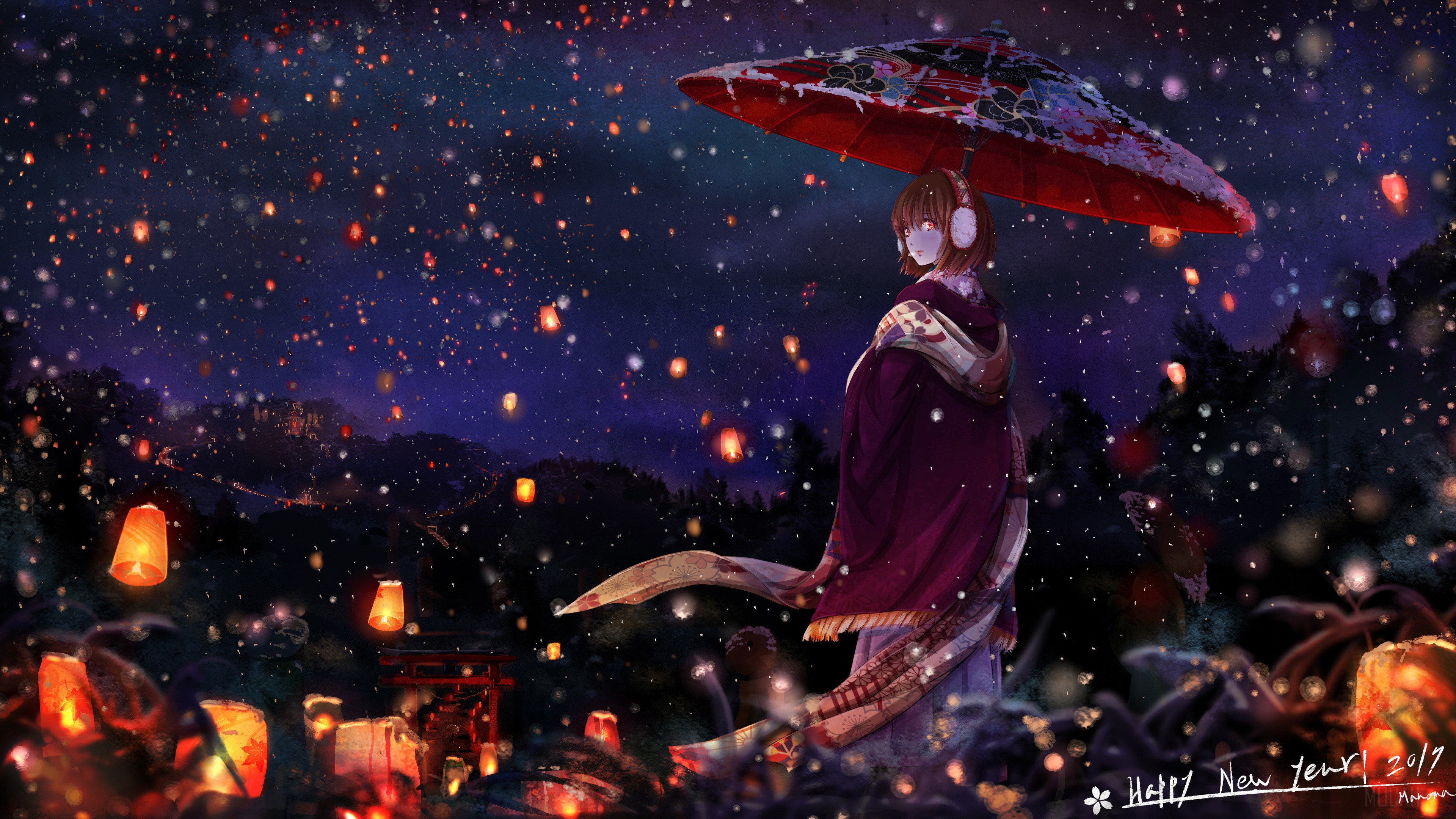 Anime Girl with Umbrella and Lanterns 4K HD Wallpaper