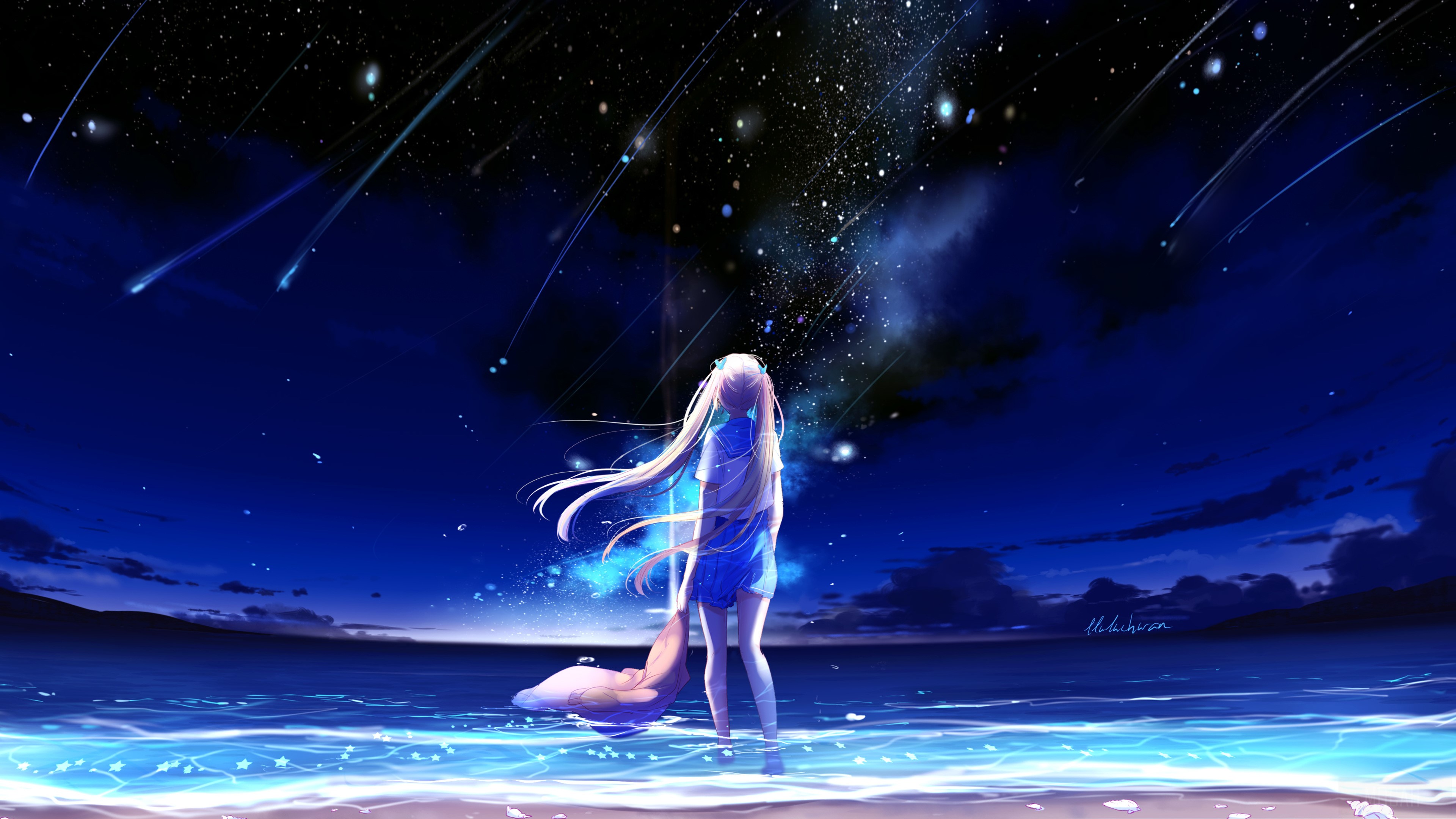 Anime girl watching shooting stars over the sea 4K HD Wallpaper
