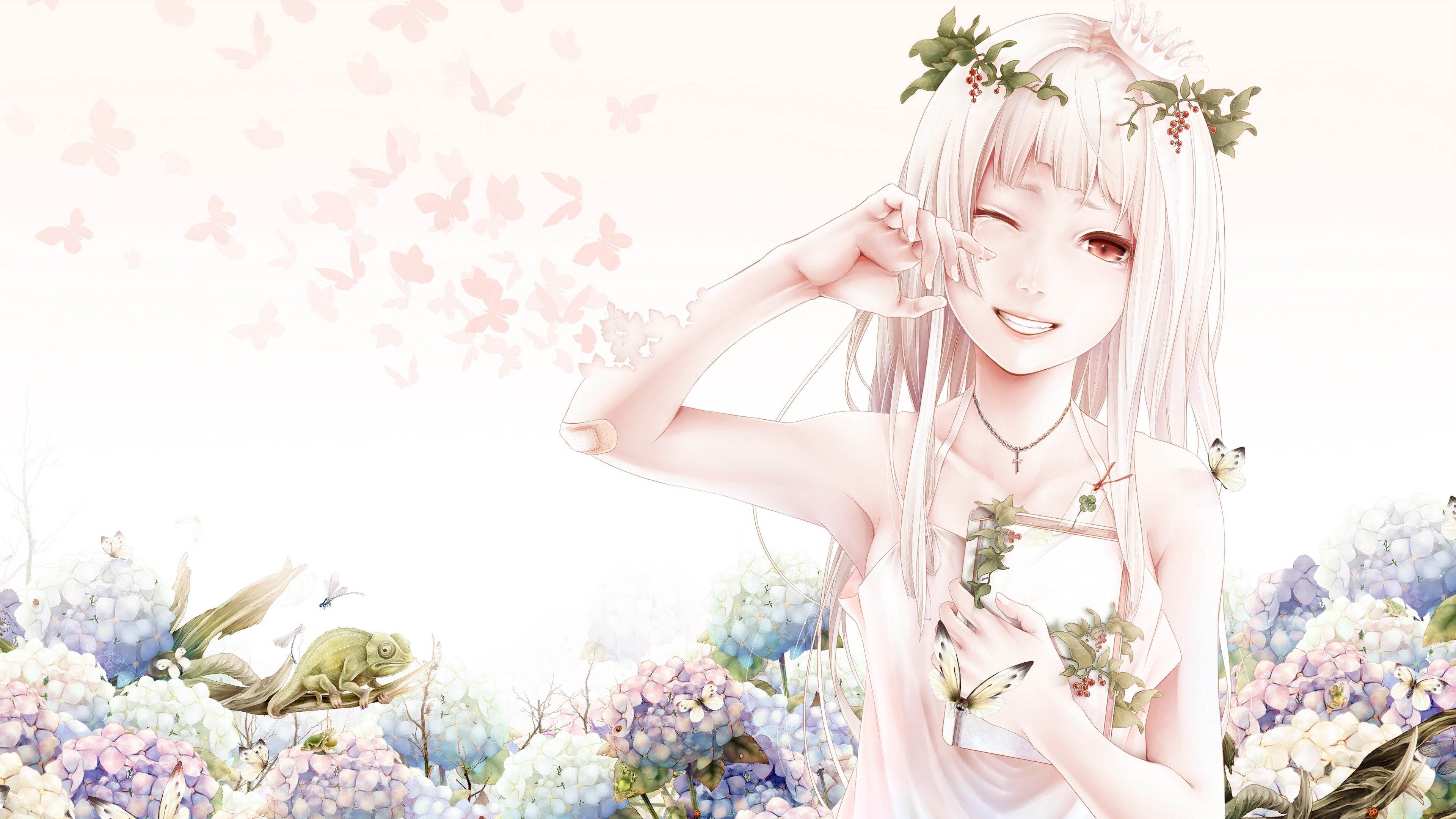 Girl with flowers and butterflies 4K HD Wallpaper