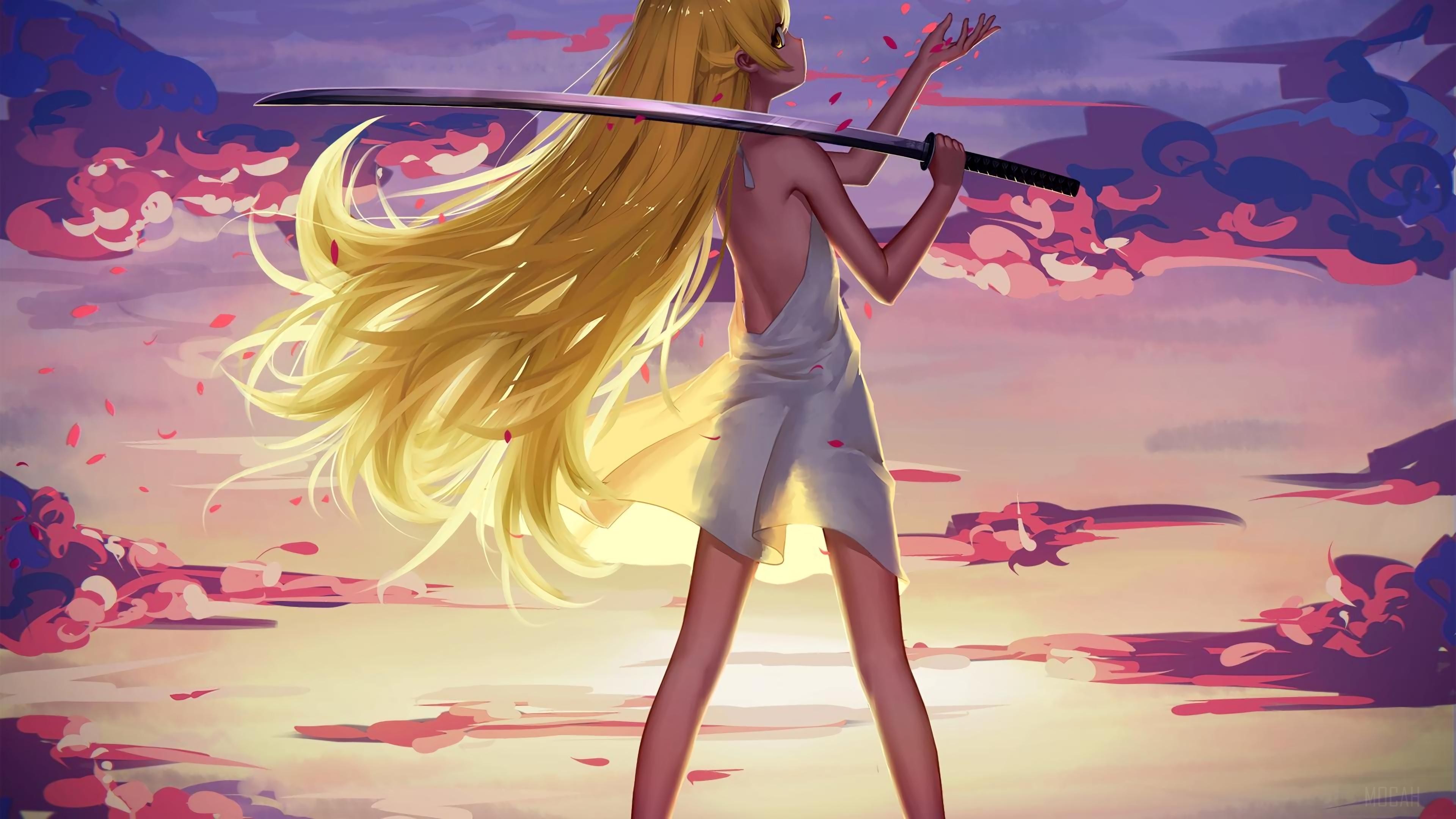 Blonde girl with long hair holding a sword HD Wallpaper