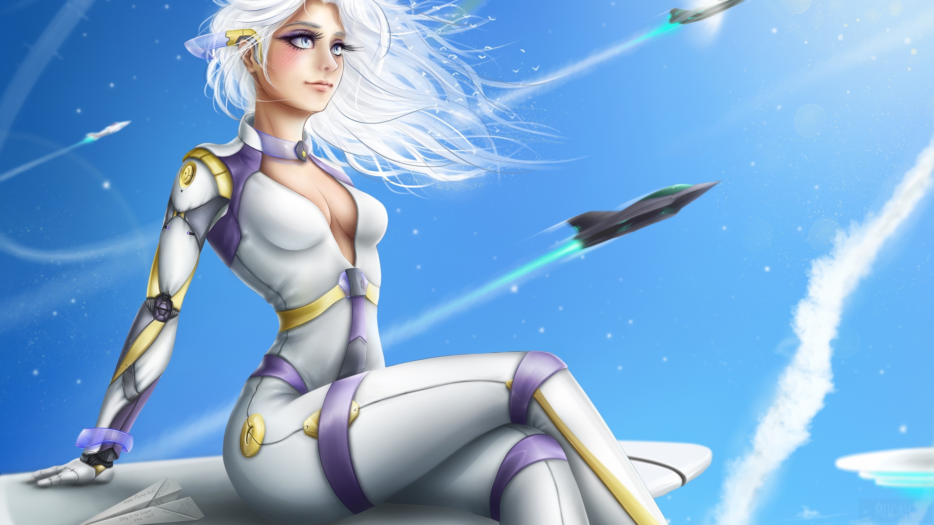 Anime girl in futuristic suit with rockets in the sky 4K HD Wallpaper