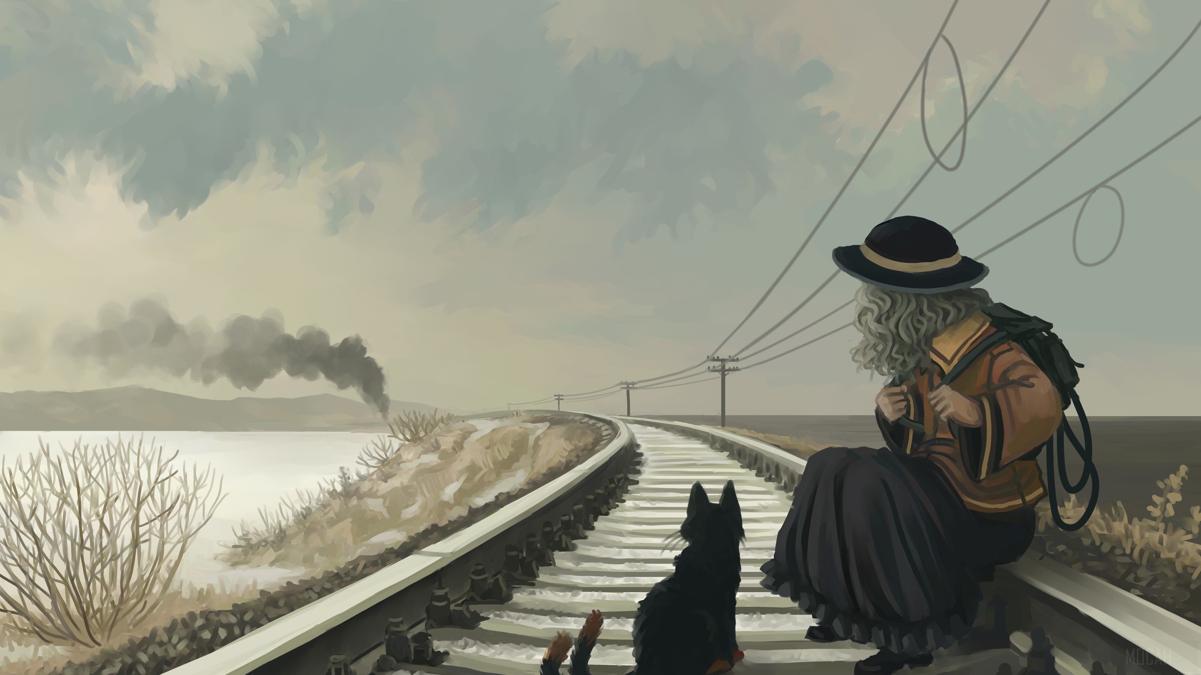 Anime Girl With Cat On Railroad HD Wallpaper