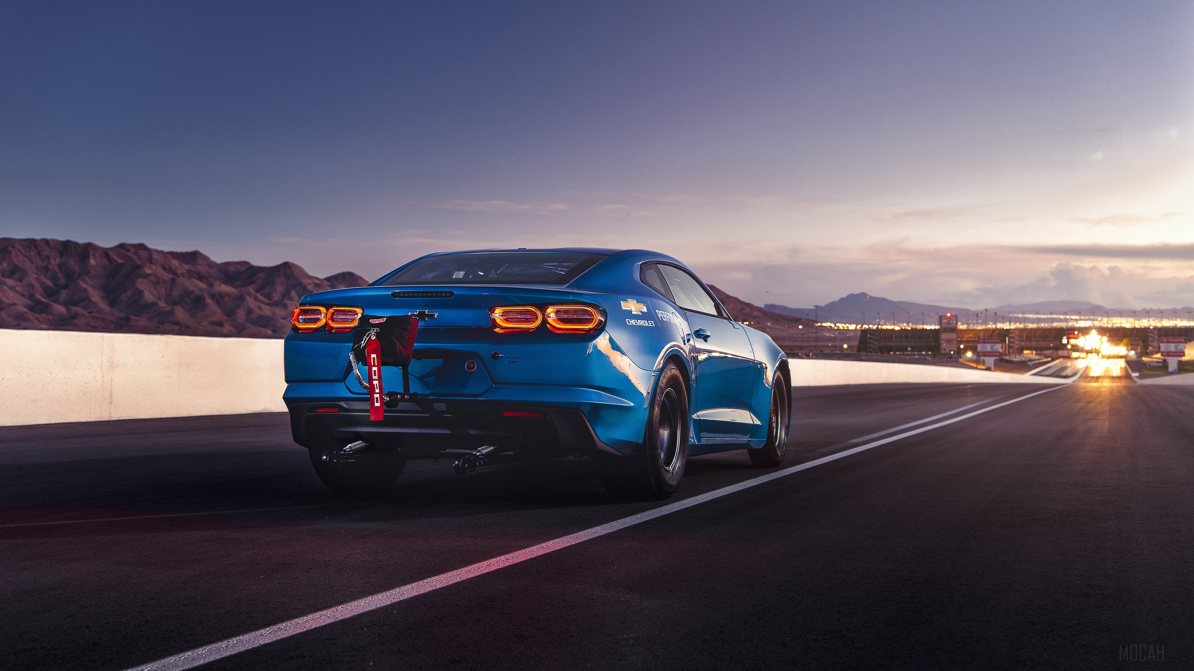 Blue 2018 Chevrolet ECOPO Camaro Concept car on drag strip HD Wallpaper