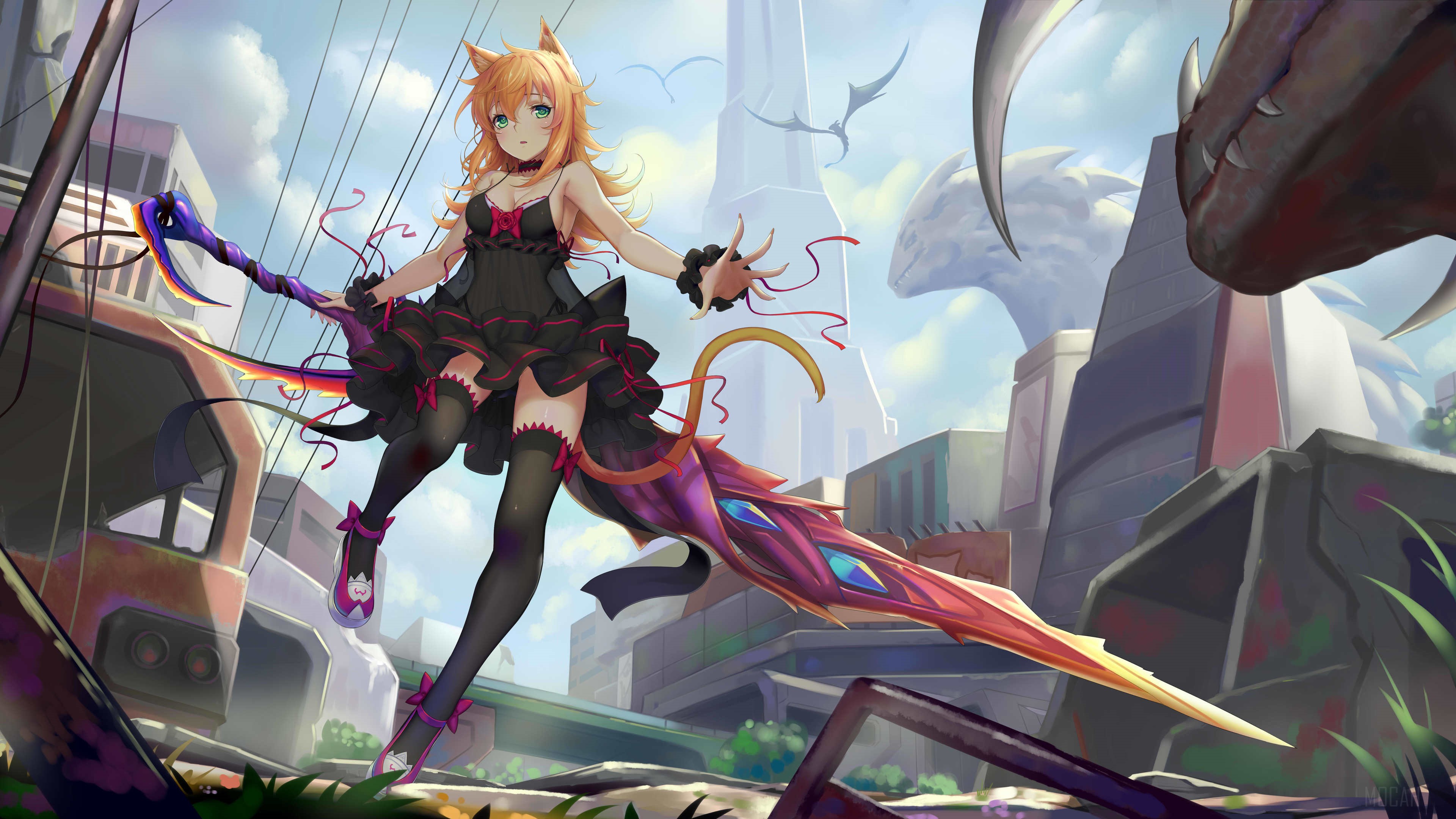 Anime Cat Girl with Sword in City HD Wallpaper