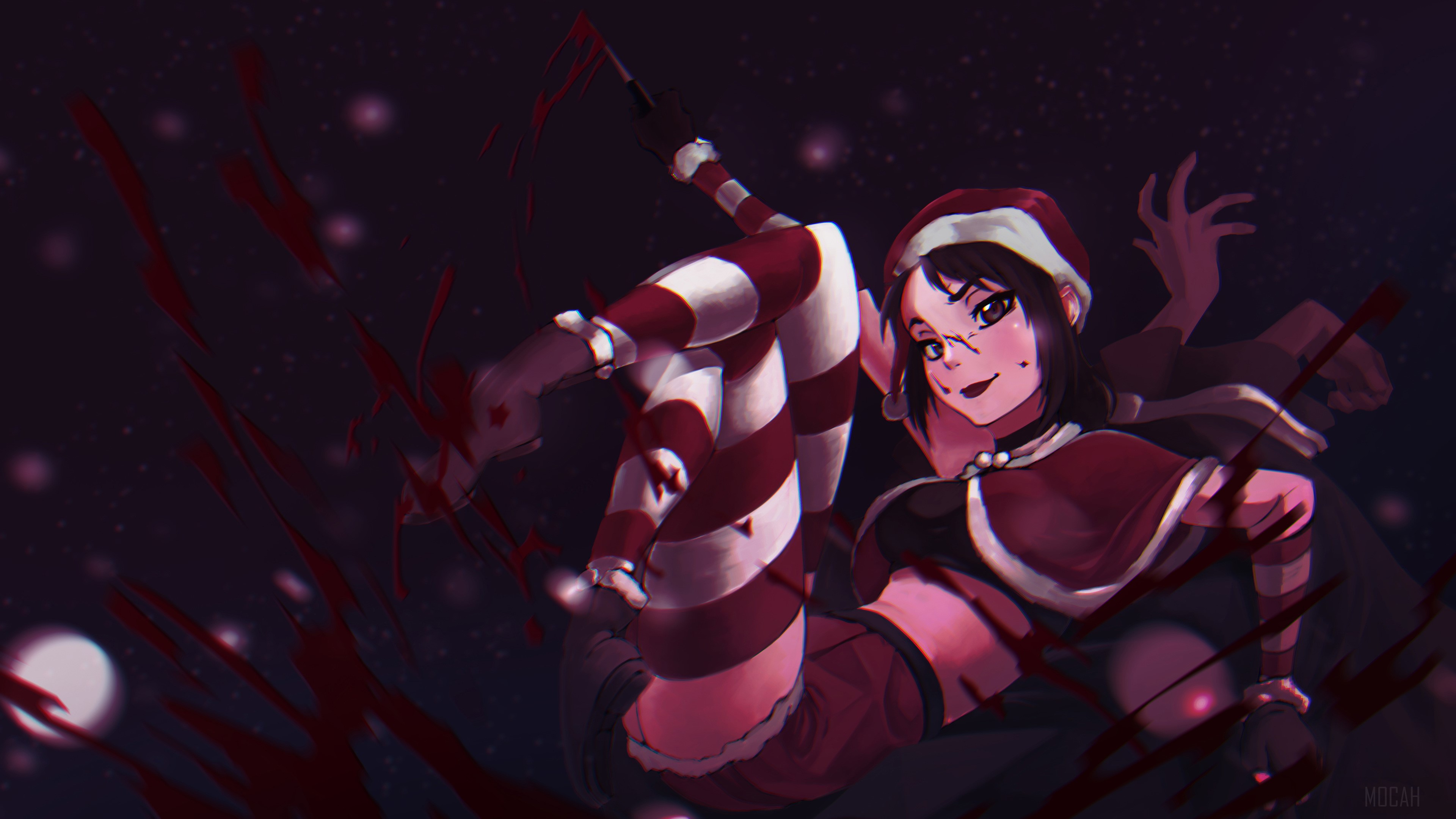 Yandere Chan in Santa Outfit with Blood Splatter 4K HD Wallpaper