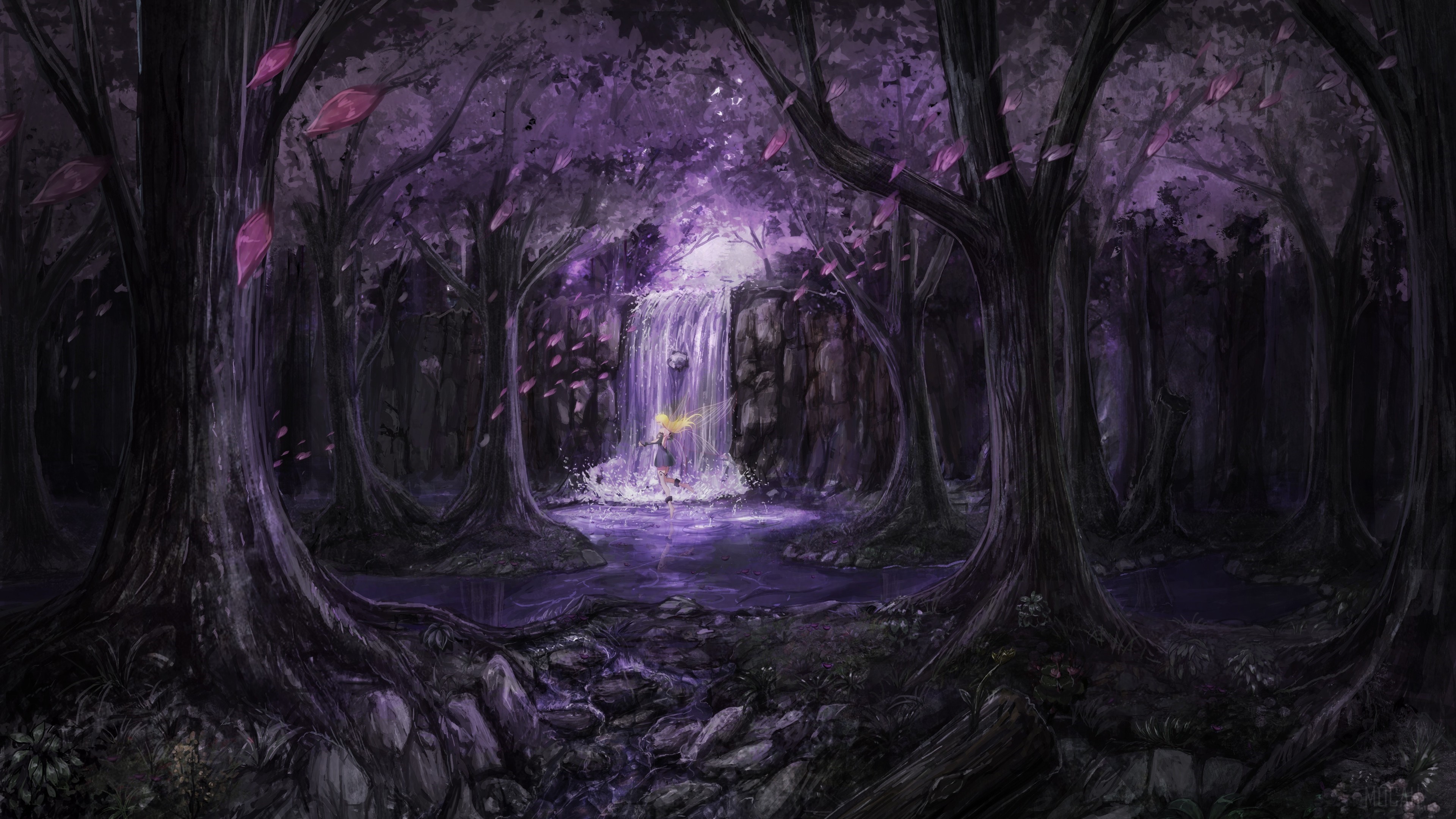 Anime Landscape with Waterfall and Fairy HD Wallpaper