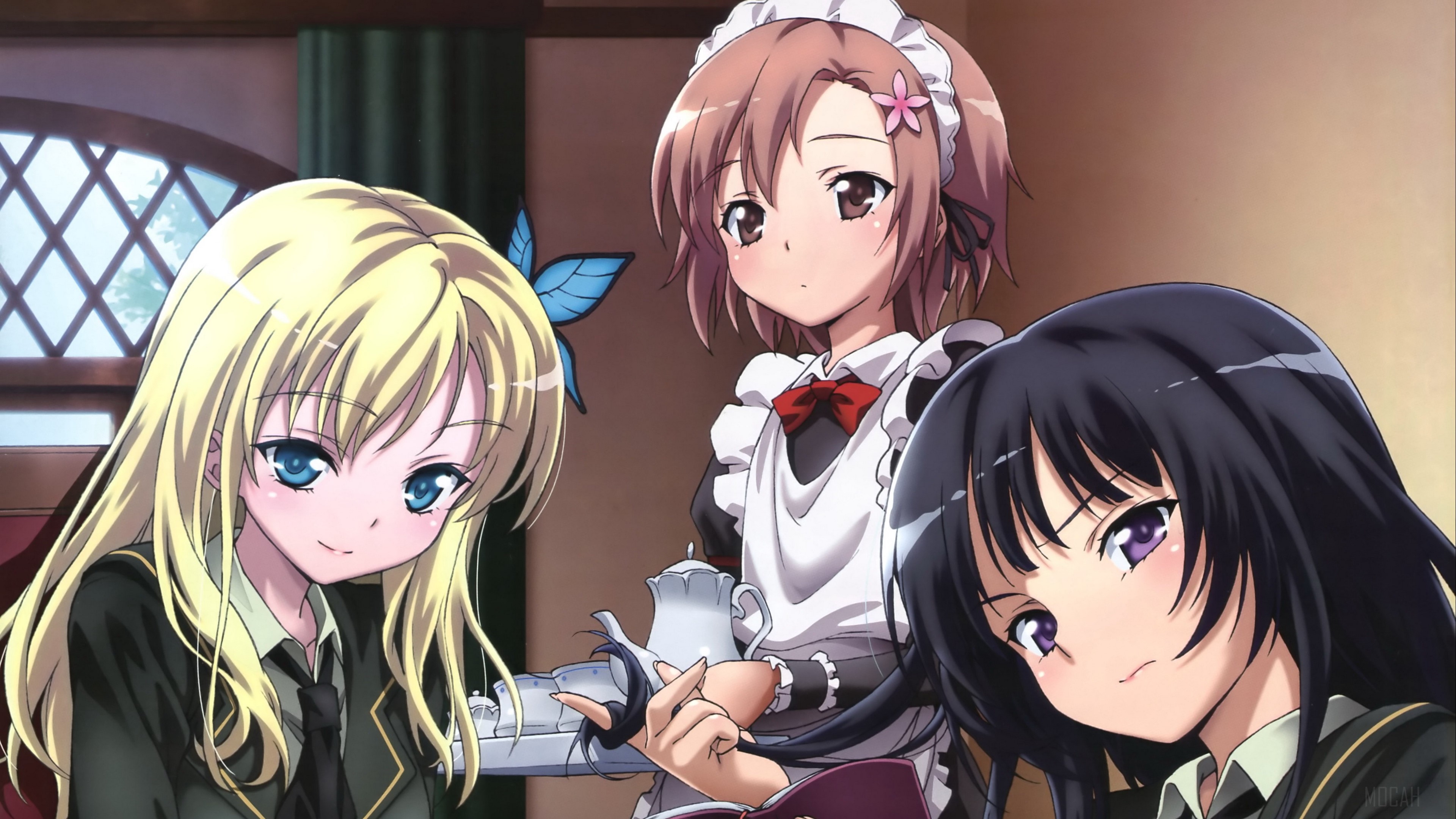 Anime girls in a room with a book and tea set HD Wallpaper