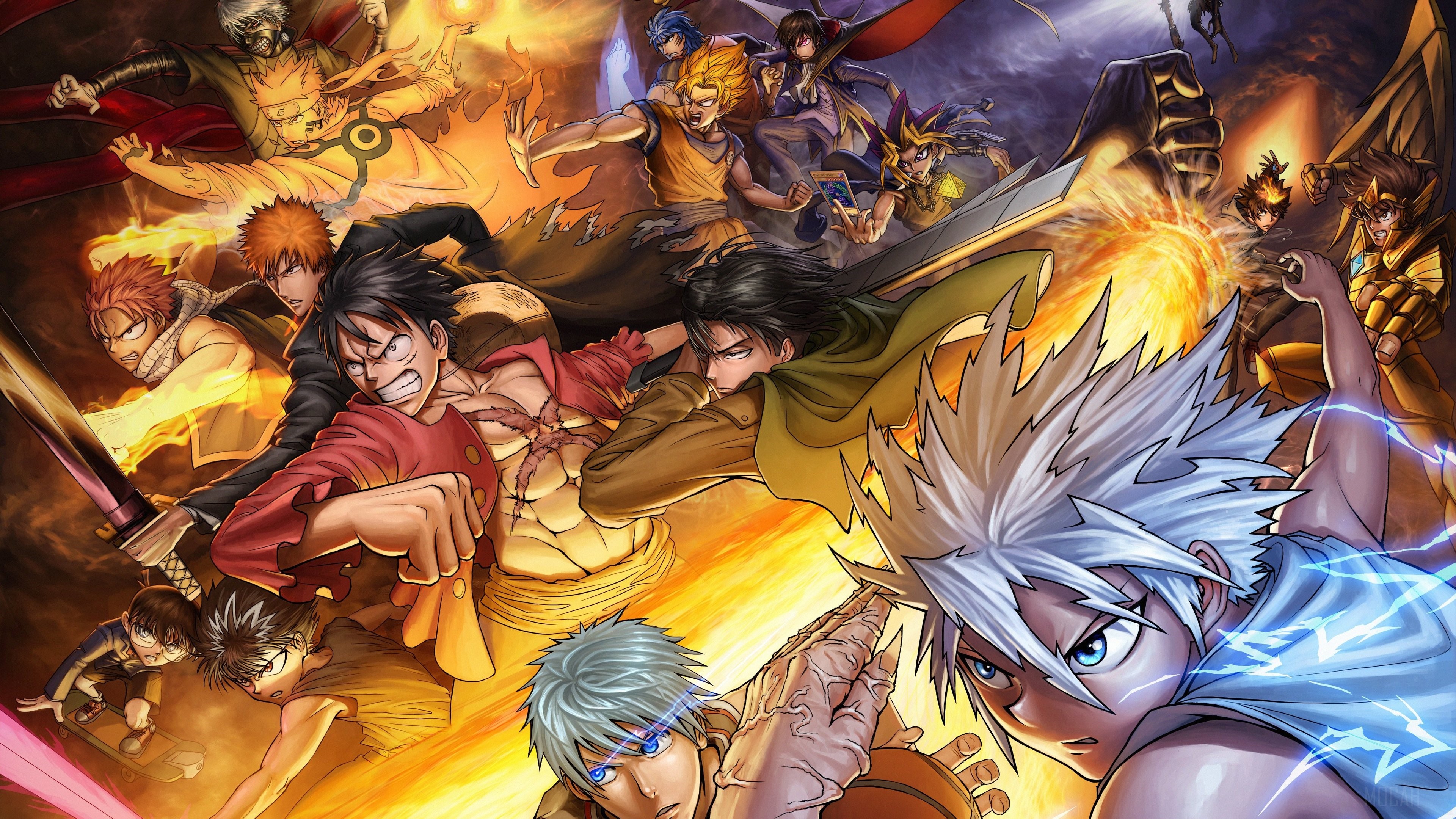 Atemu from Yu-Gi-Oh!, Ichigo from Bleach, Naruto, Goku from Dragon Ball, Luffy from One Piece, Natsu from Fairy Tail, and other anime characters in a crossover. HD Wallpaper