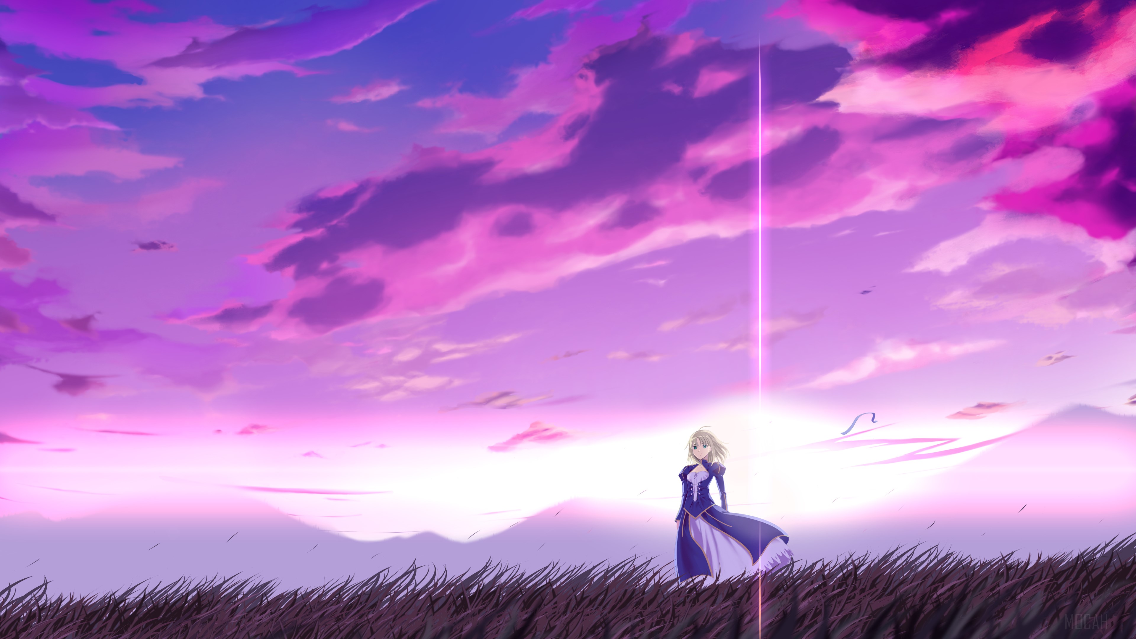 Saber from Fate/Stay Night in a field at sunset 4K HD Wallpaper