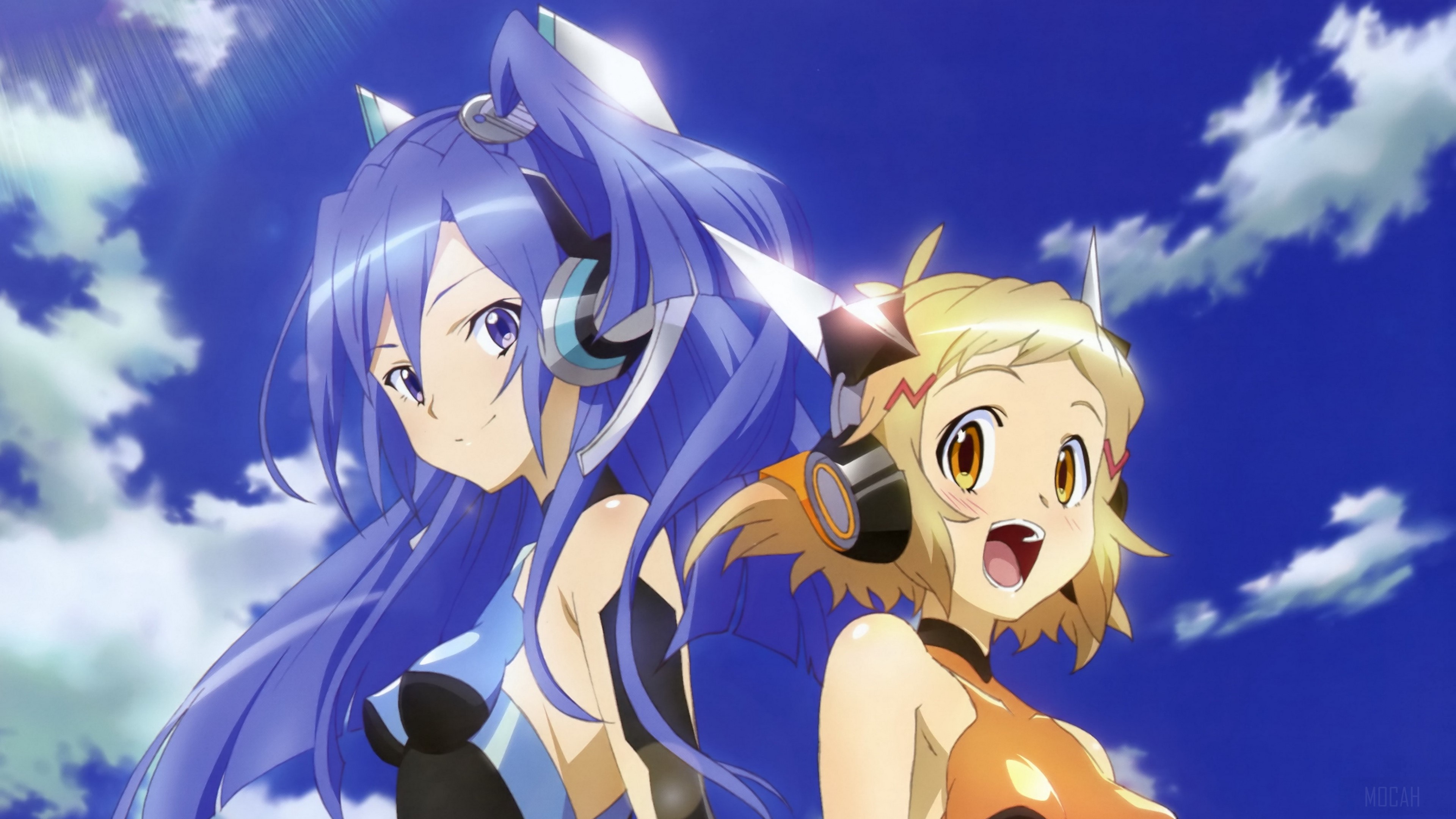 Two girls with headphones under the sky HD Wallpaper