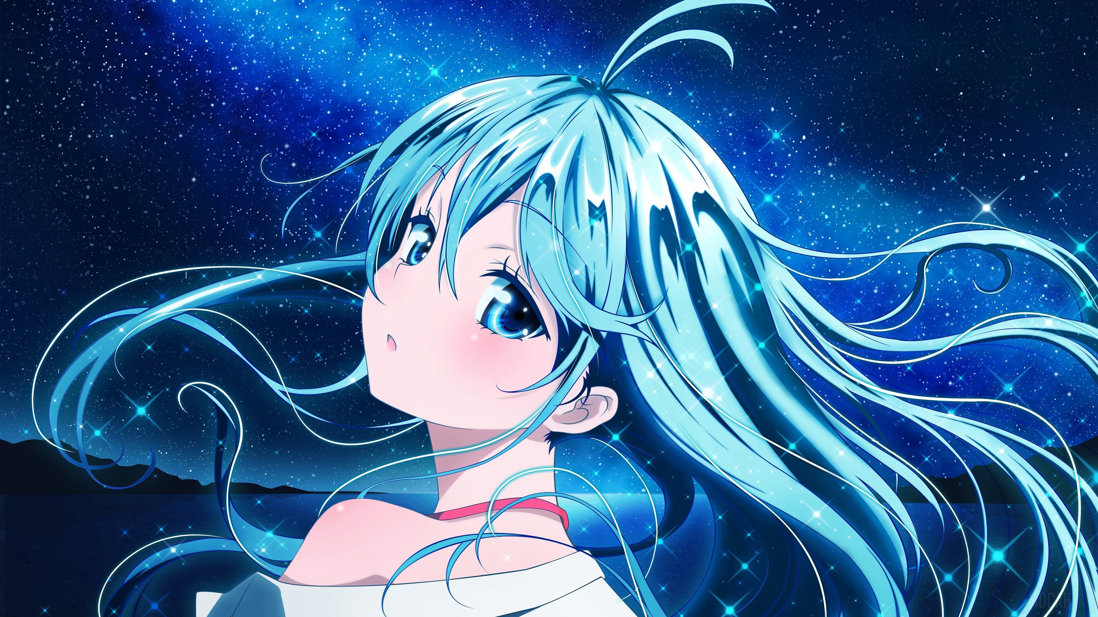 Girl with blue hair under starry sky 4K HD Wallpaper
