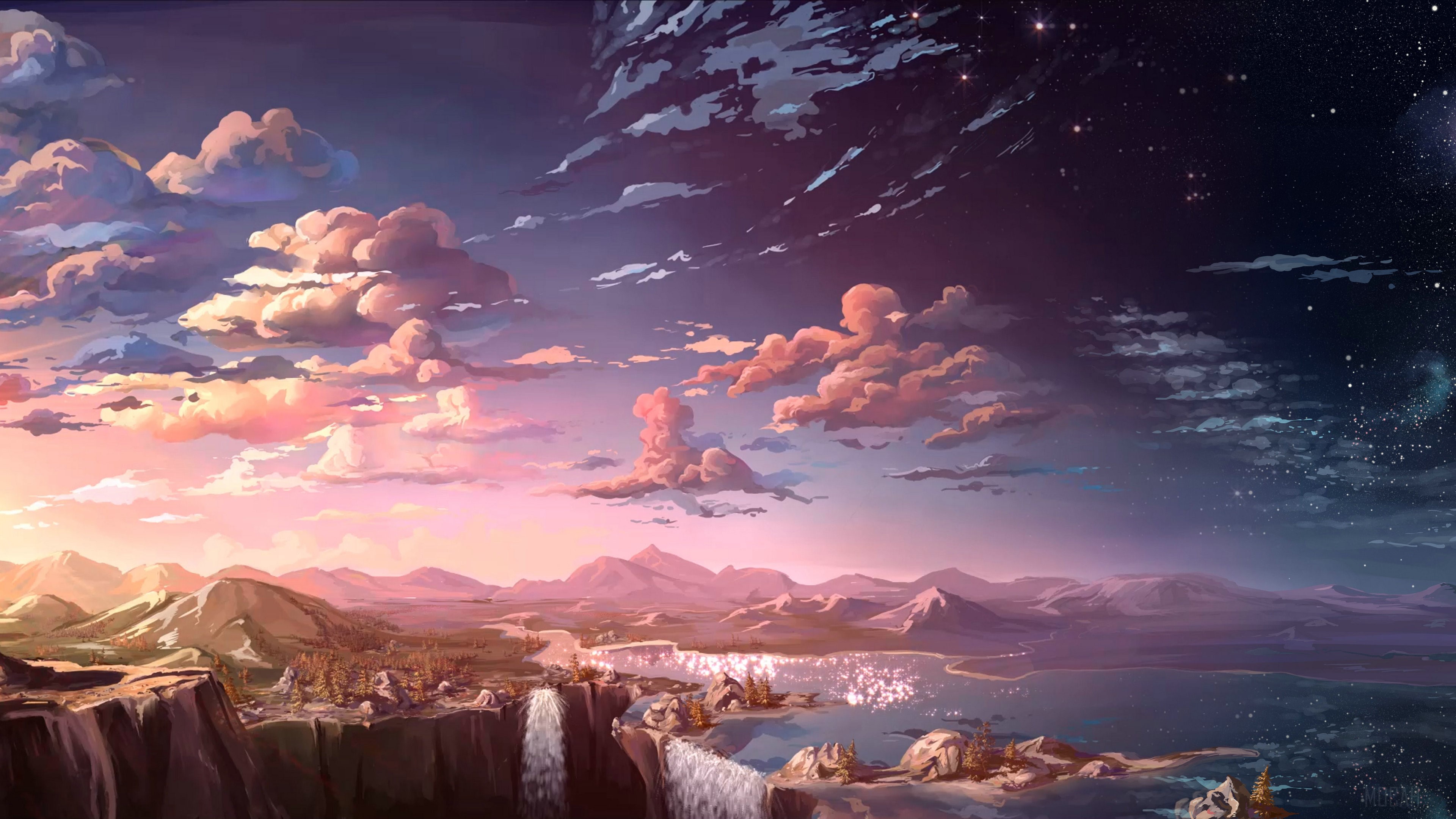 Anime Landscape Waterfall Clouds 4K HD Wallpaper
