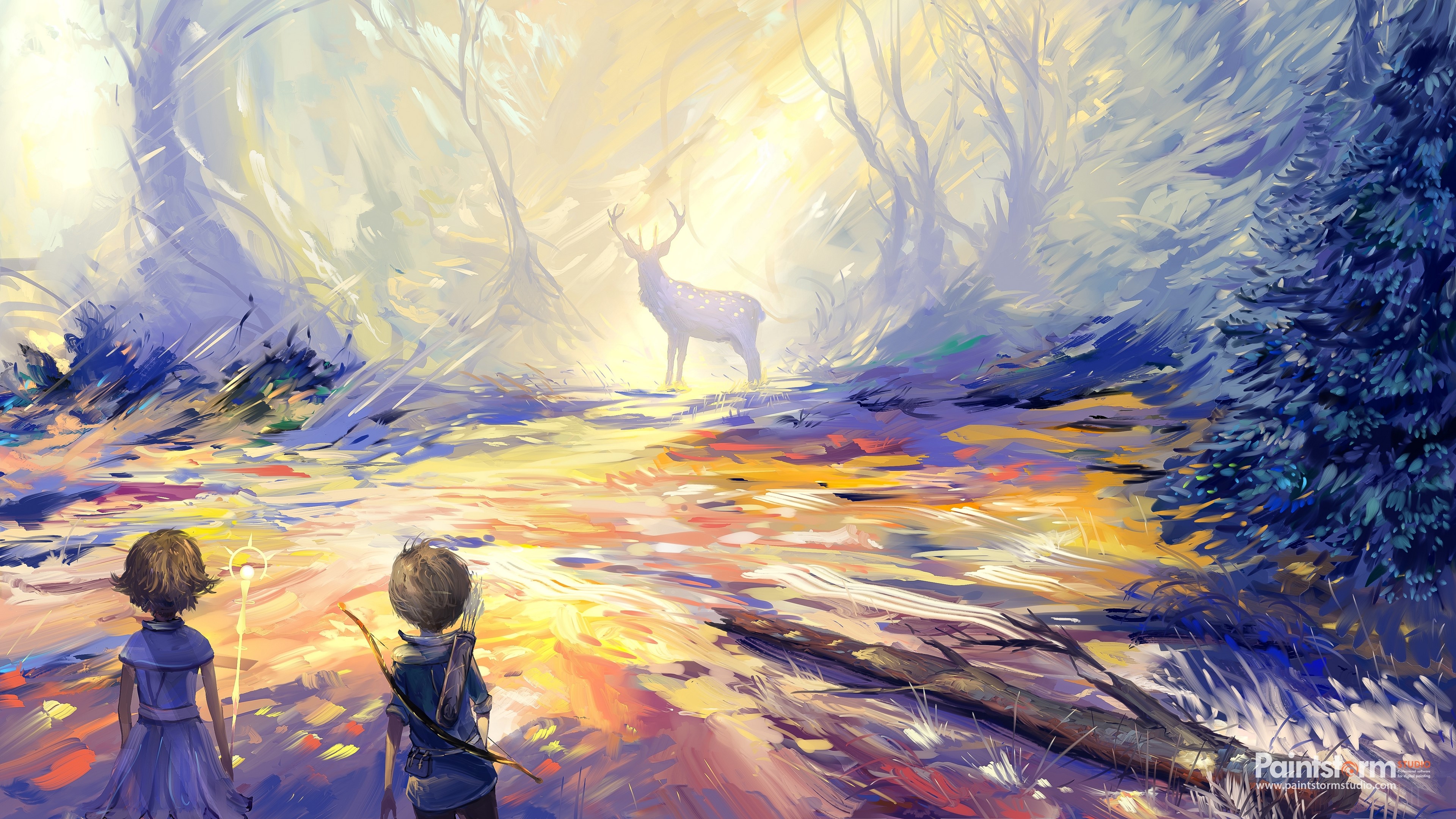 Children and deer in a forest painting 4K HD Wallpaper