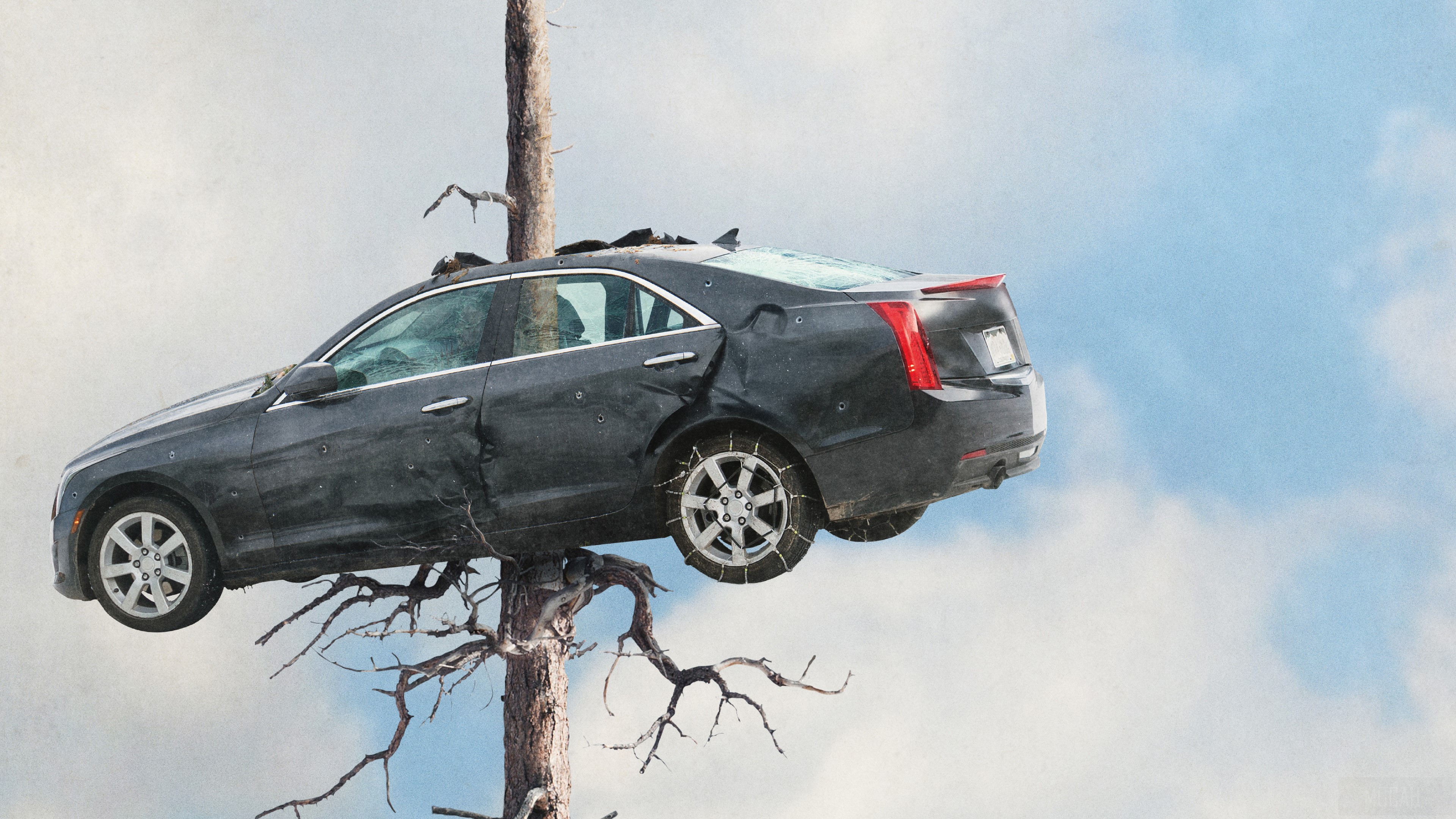 Car stuck in a tree in the snow HD Wallpaper