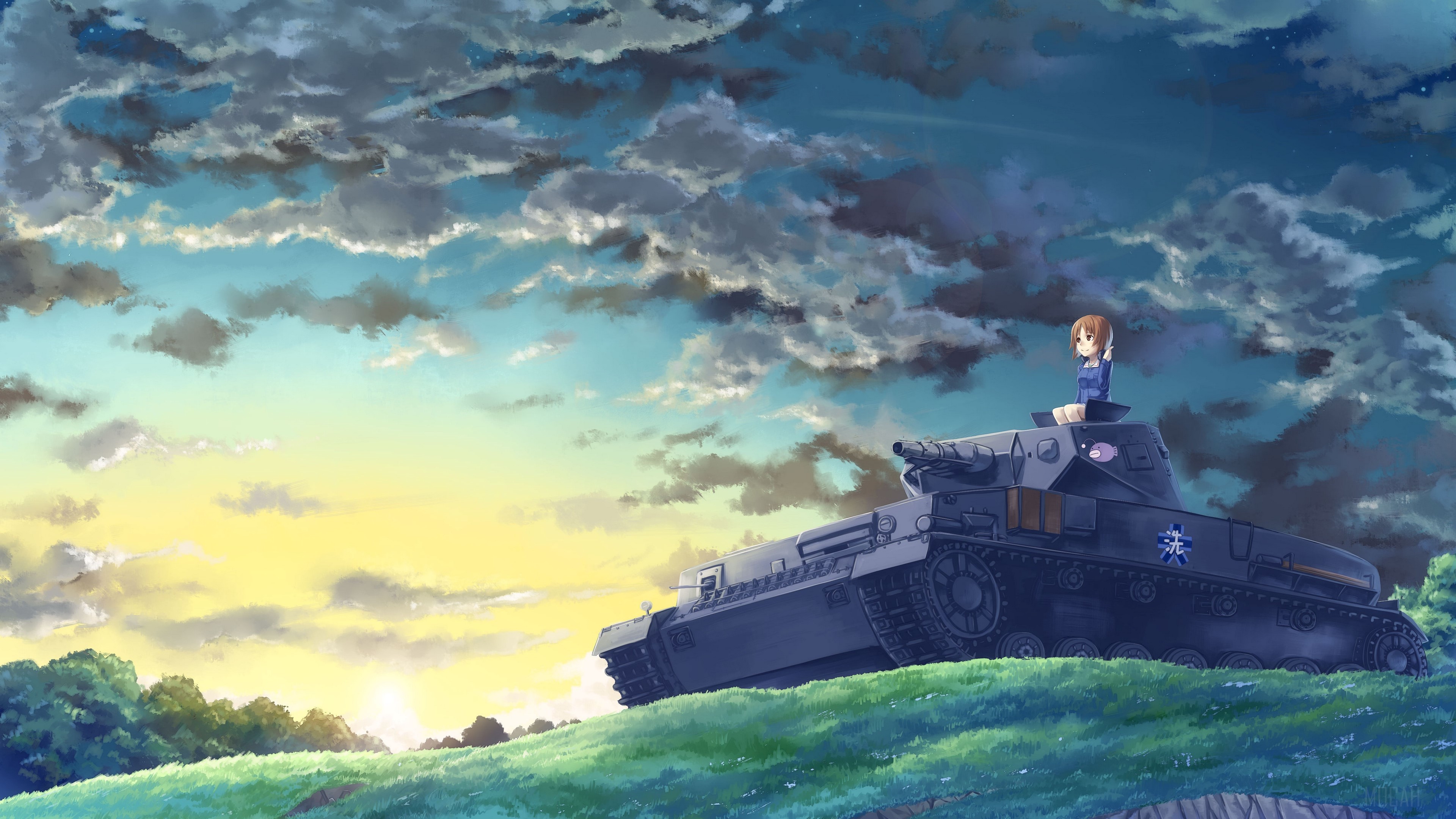 Miho Nishizumi from Girls und Panzer on a tank HD Wallpaper