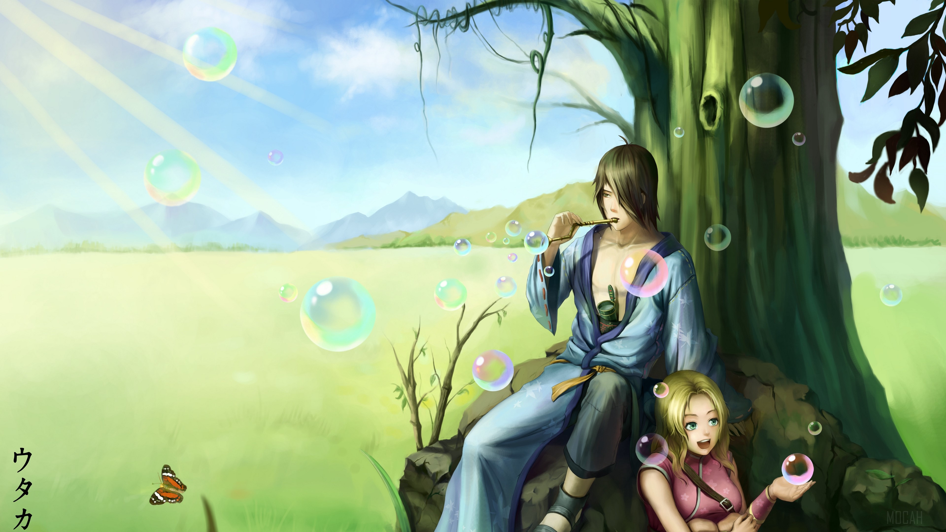 Utakata and Hotaru from Naruto blowing bubbles HD Wallpaper