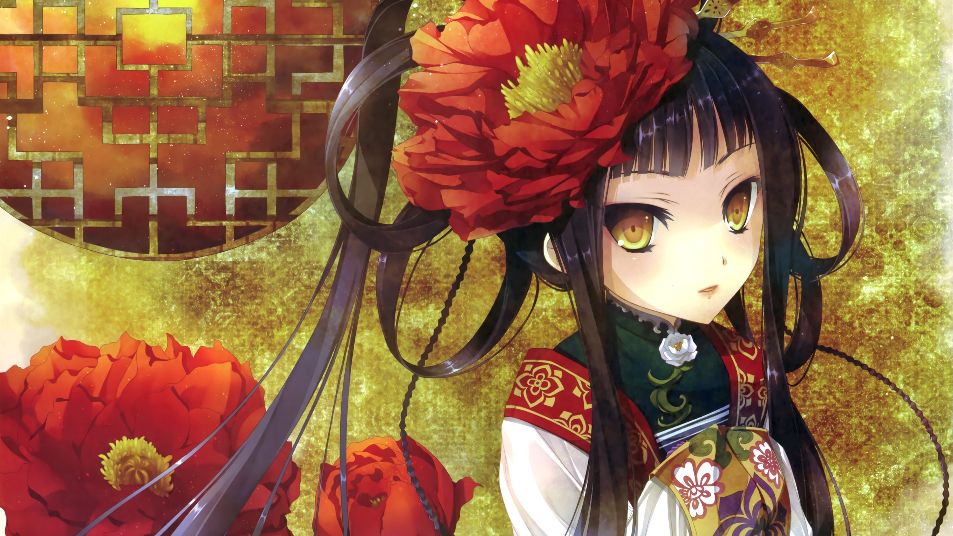 Katagiri Hinata in Kimono with Red Flowers 4K HD Wallpaper