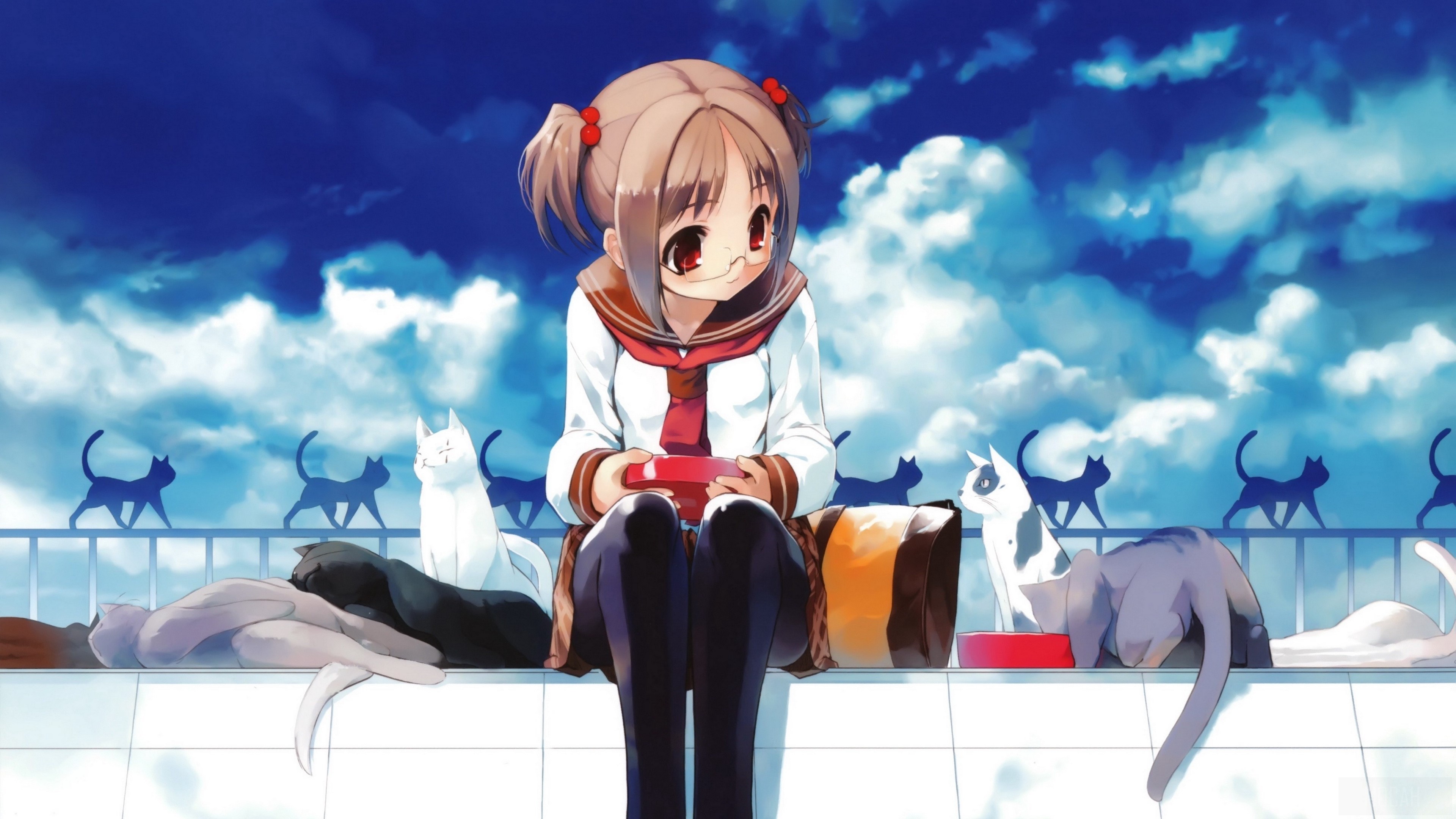 Girl in uniform with cats on a rooftop 4K HD Wallpaper