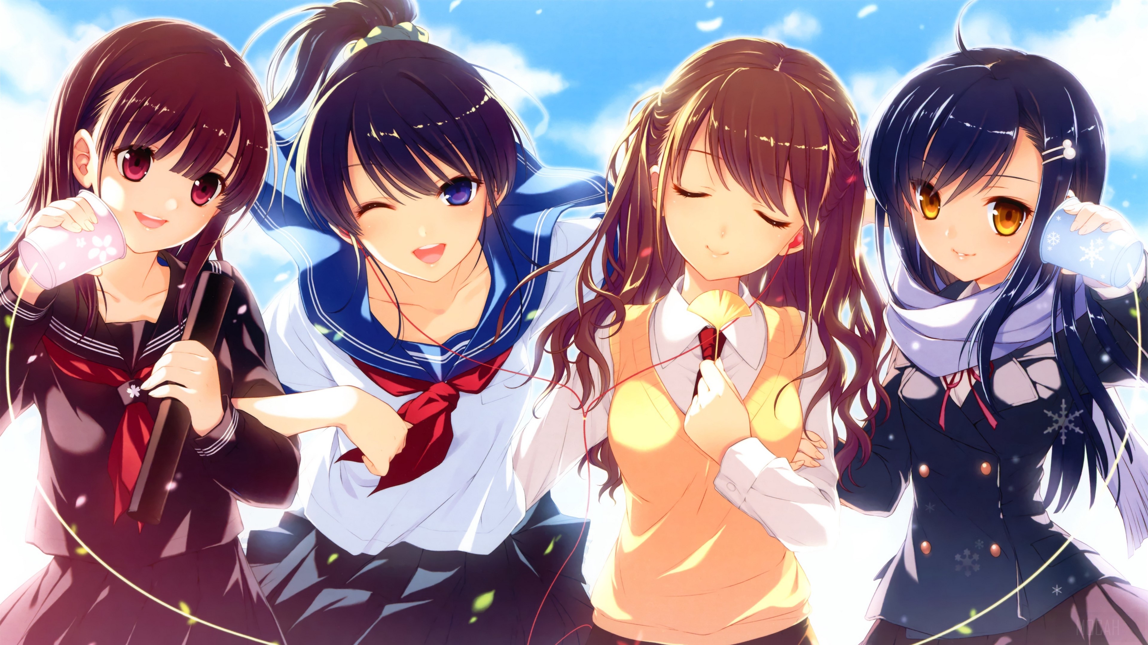 Four anime schoolgirls in uniform with accessories HD Wallpaper