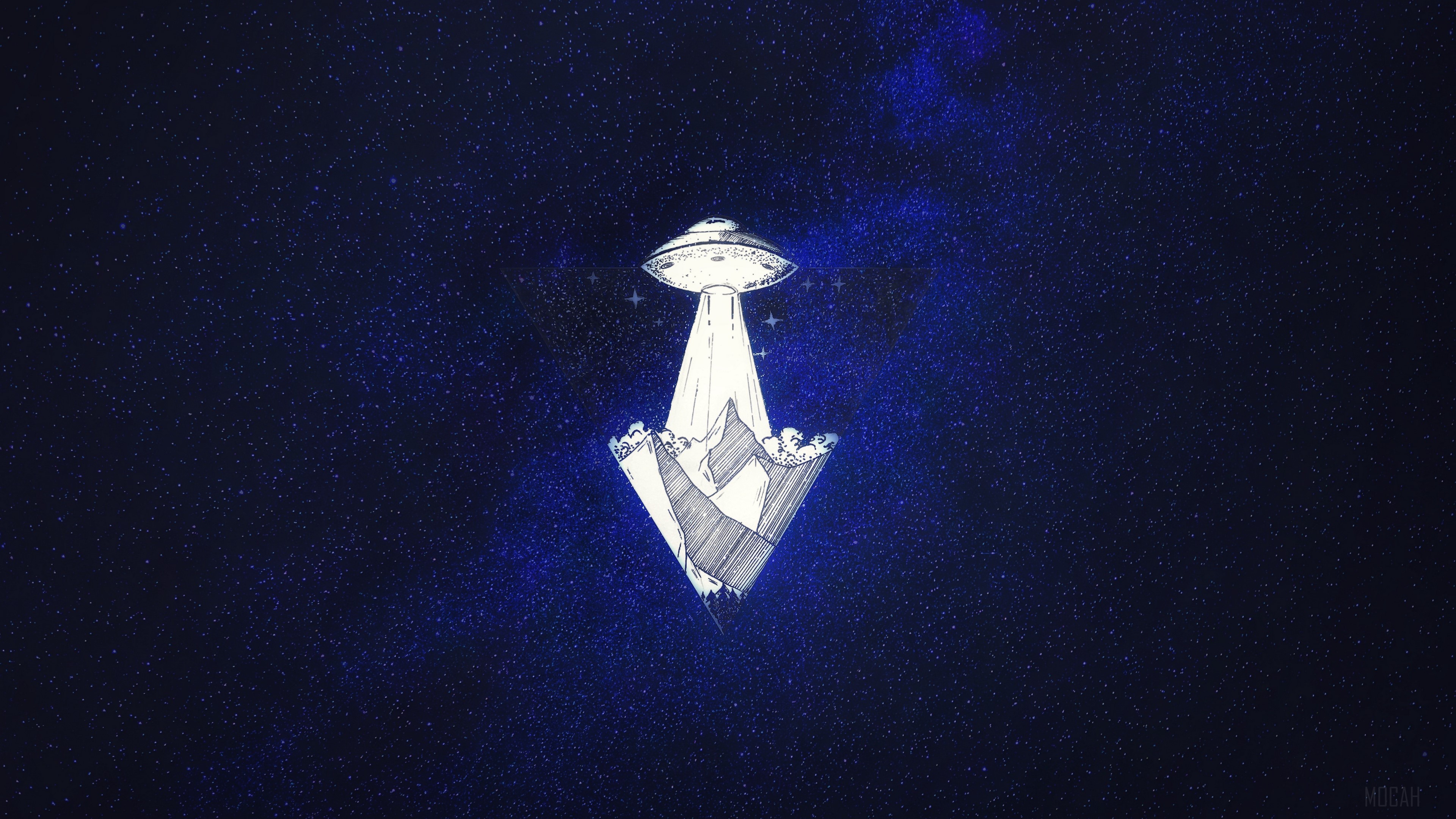 UFO Abducting Mountains in Starry Sky 4K HD Wallpaper