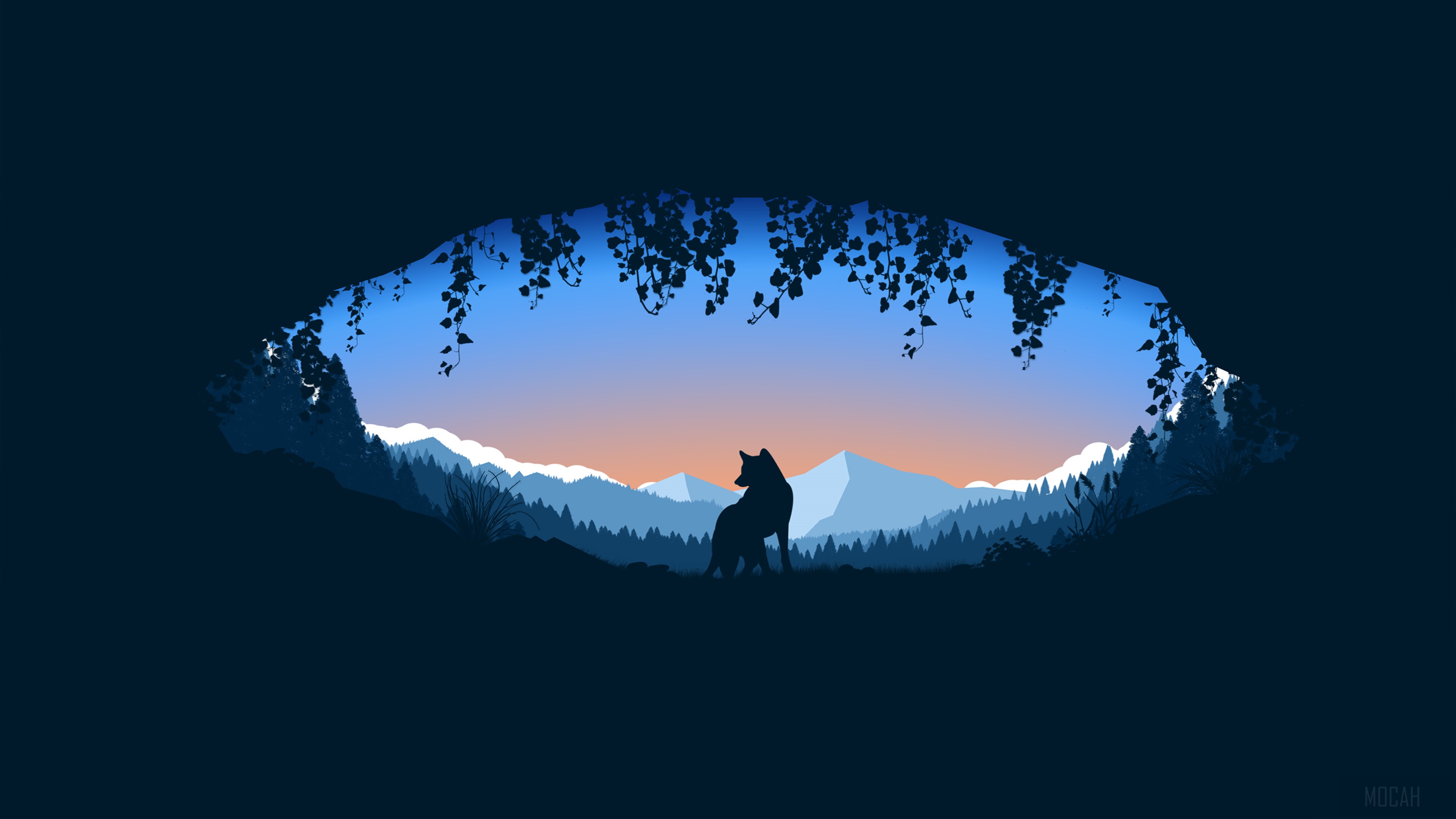 Wolf in a cave looking at mountains at sunset 4K HD Wallpaper