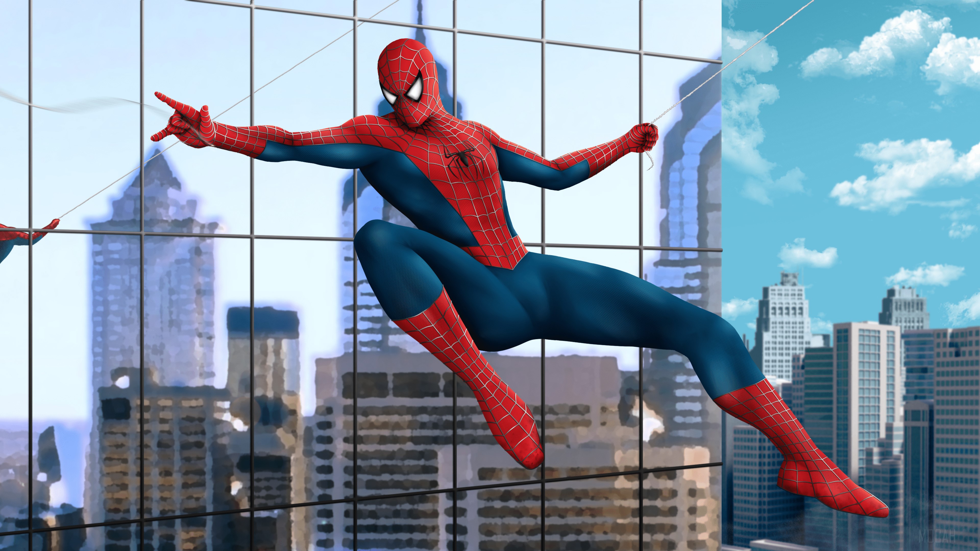 Spiderman flying in a city 4K HD Wallpaper