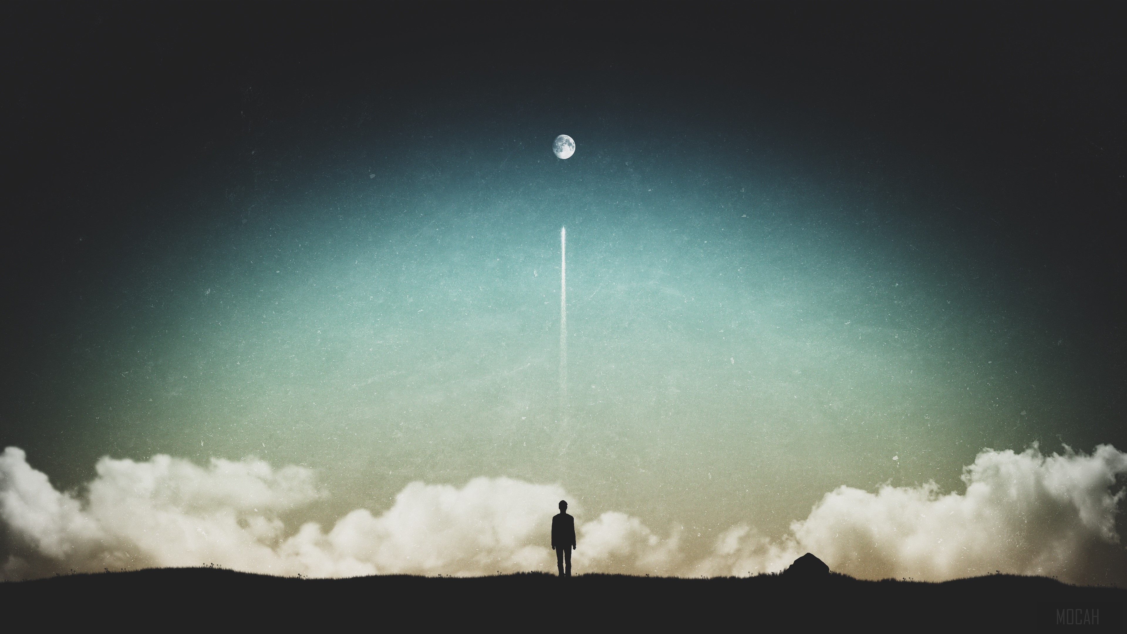 Silhouette of a person looking at the moon with a rocket trail HD Wallpaper