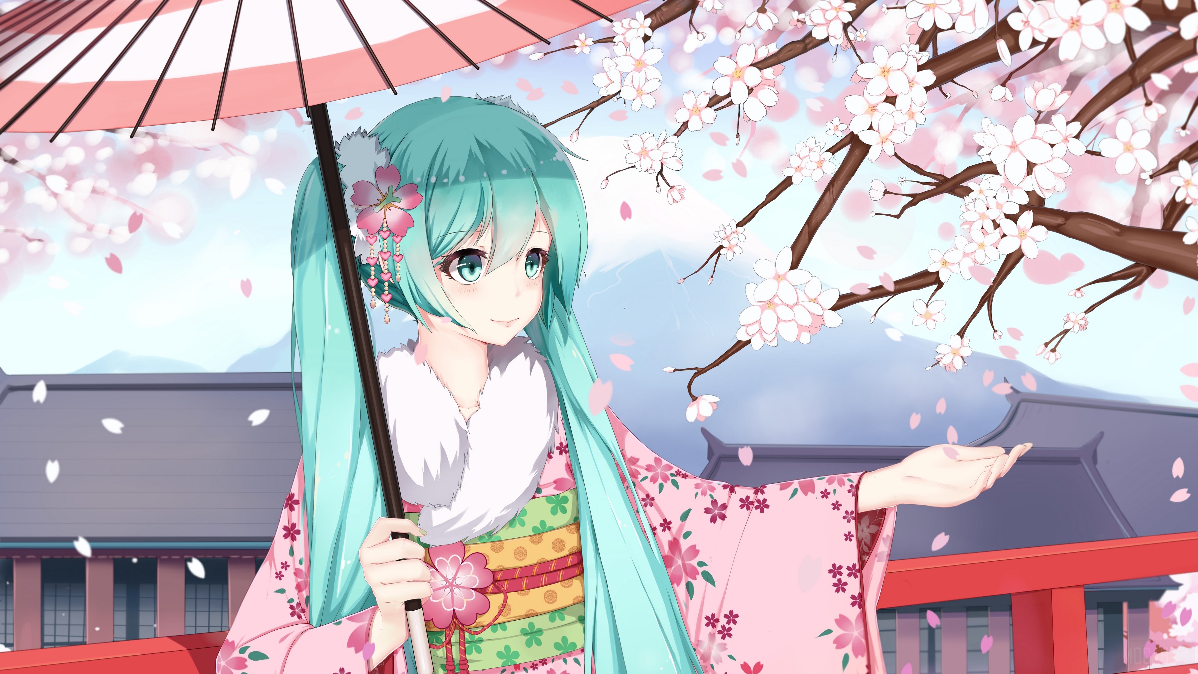 Hatsune Miku in Kimono under Sakura Tree 4K HD Wallpaper