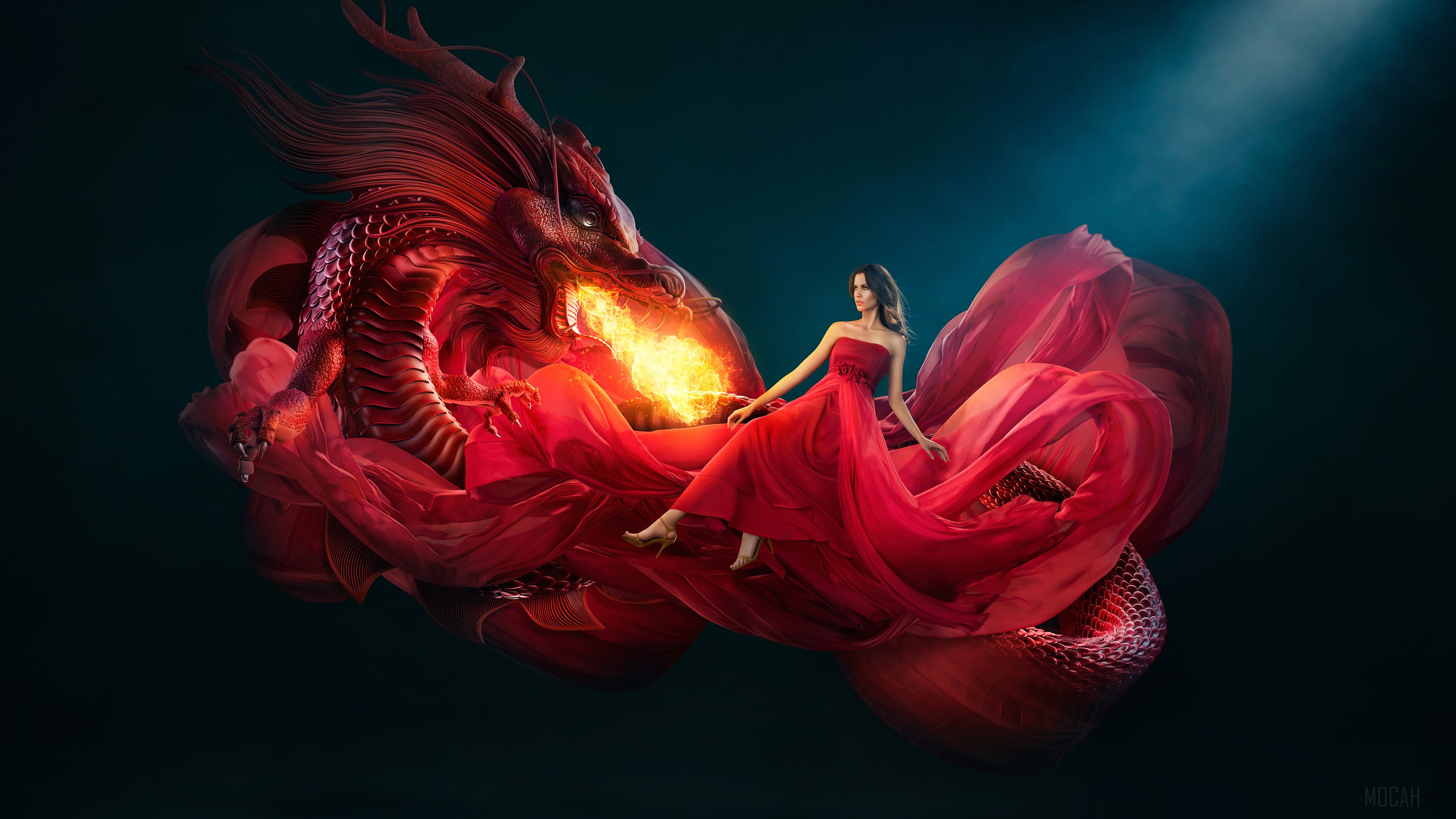 Beautiful Girl with Red Dragon Firing 4K HD Wallpaper