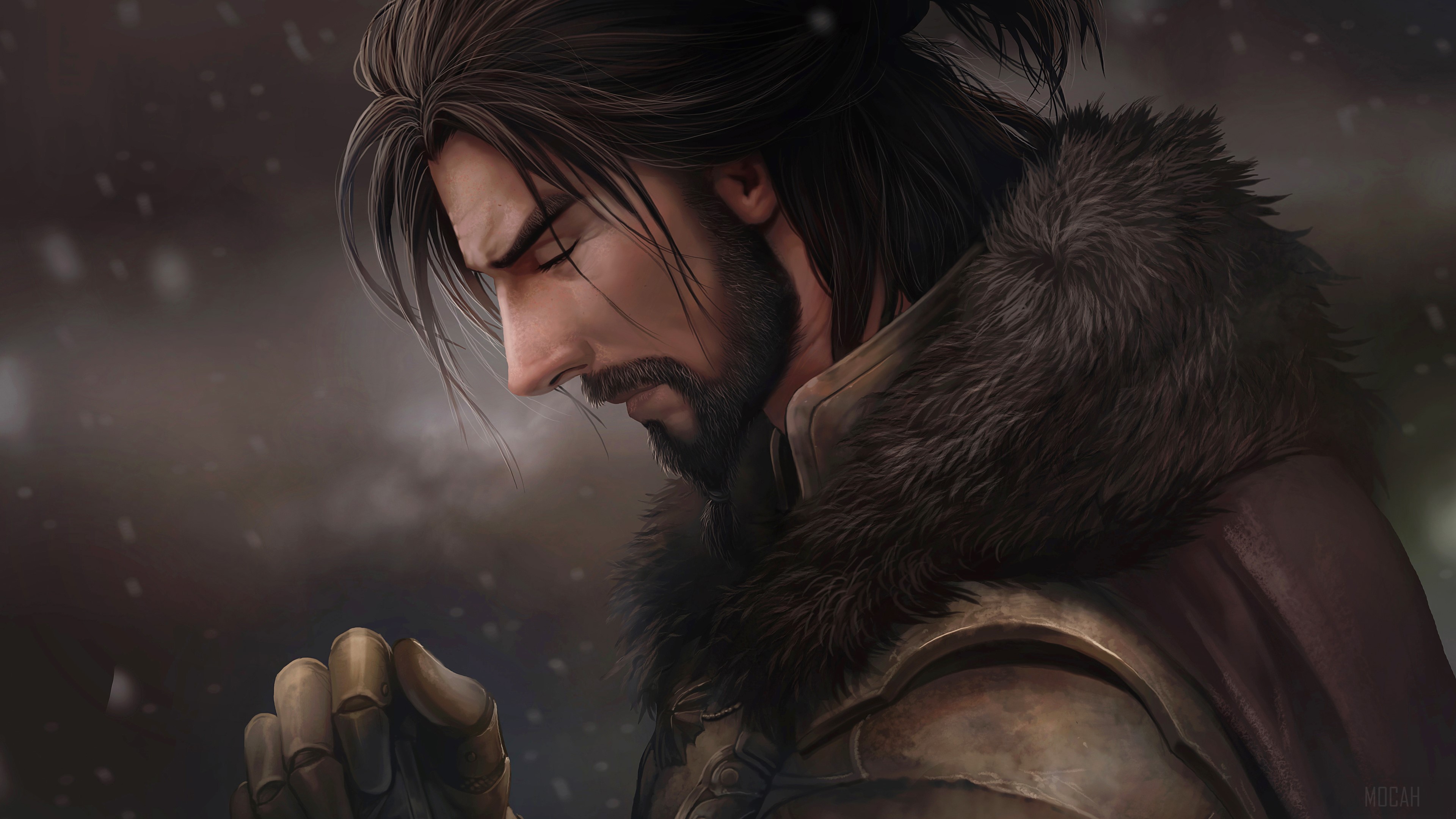 Warrior in armor with fur collar in snow 4K HD Wallpaper