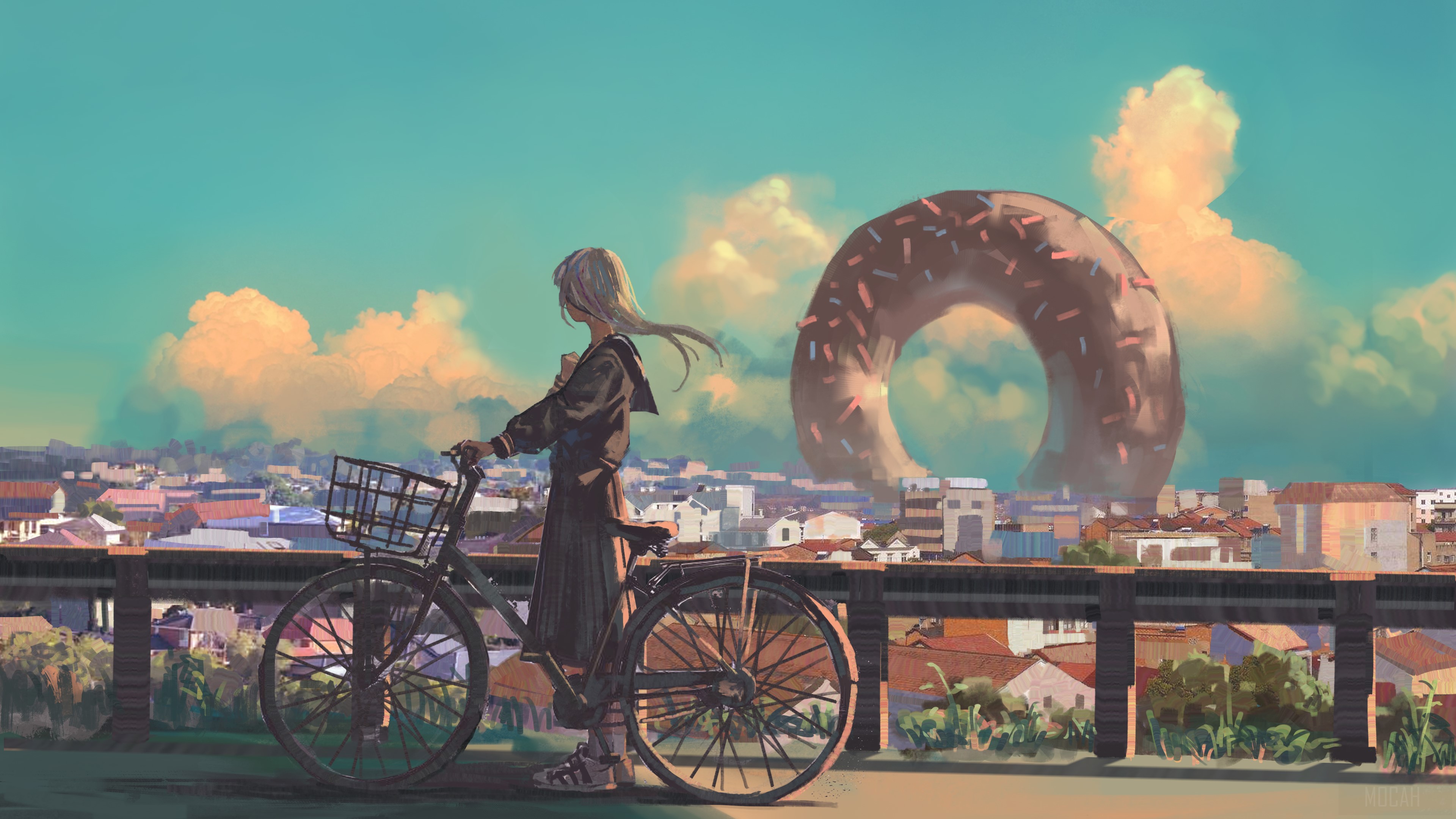Anime girl with bicycle and giant donut over city 4K HD Wallpaper