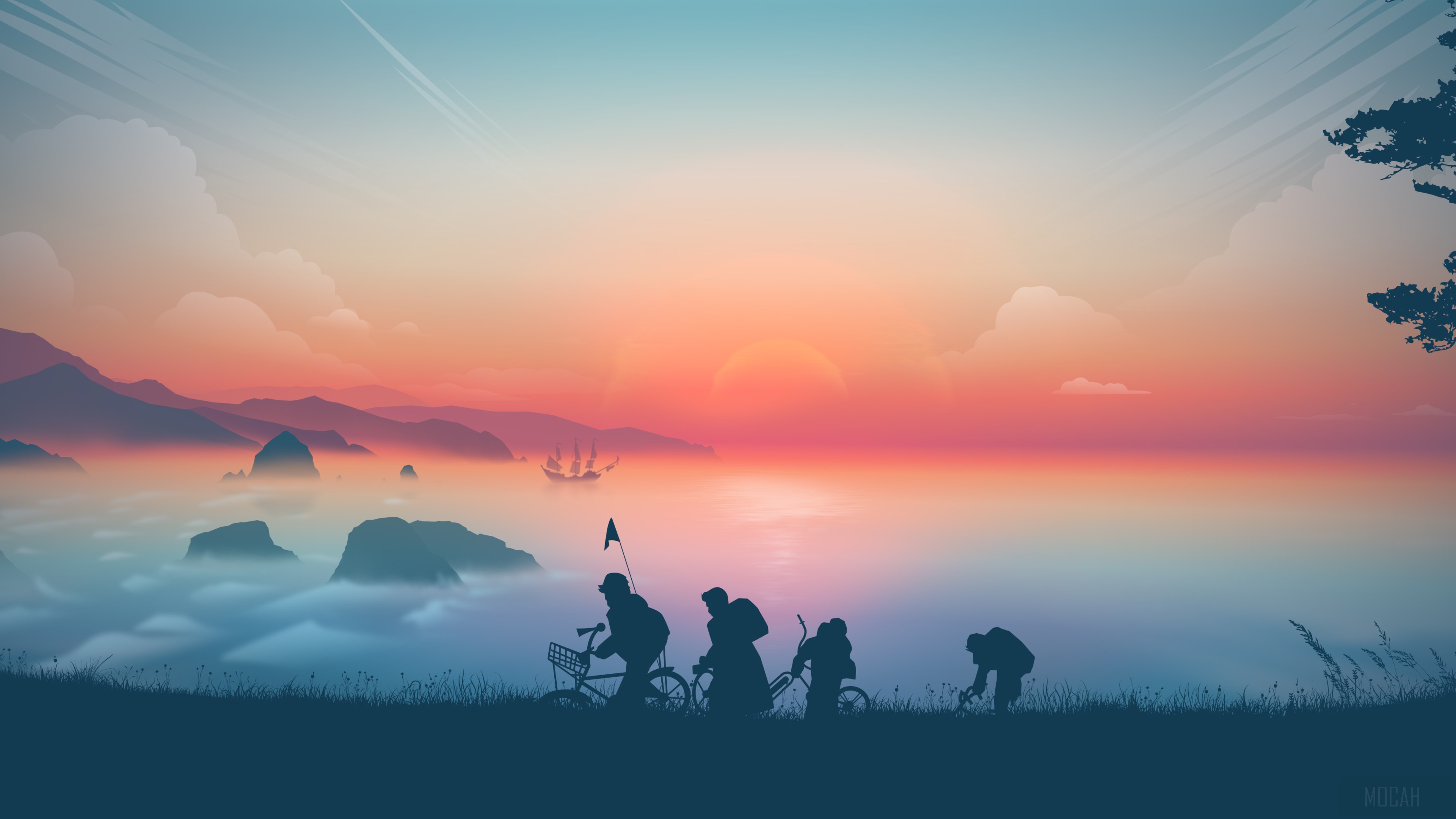Silhouettes of people on bicycles at sunset HD Wallpaper