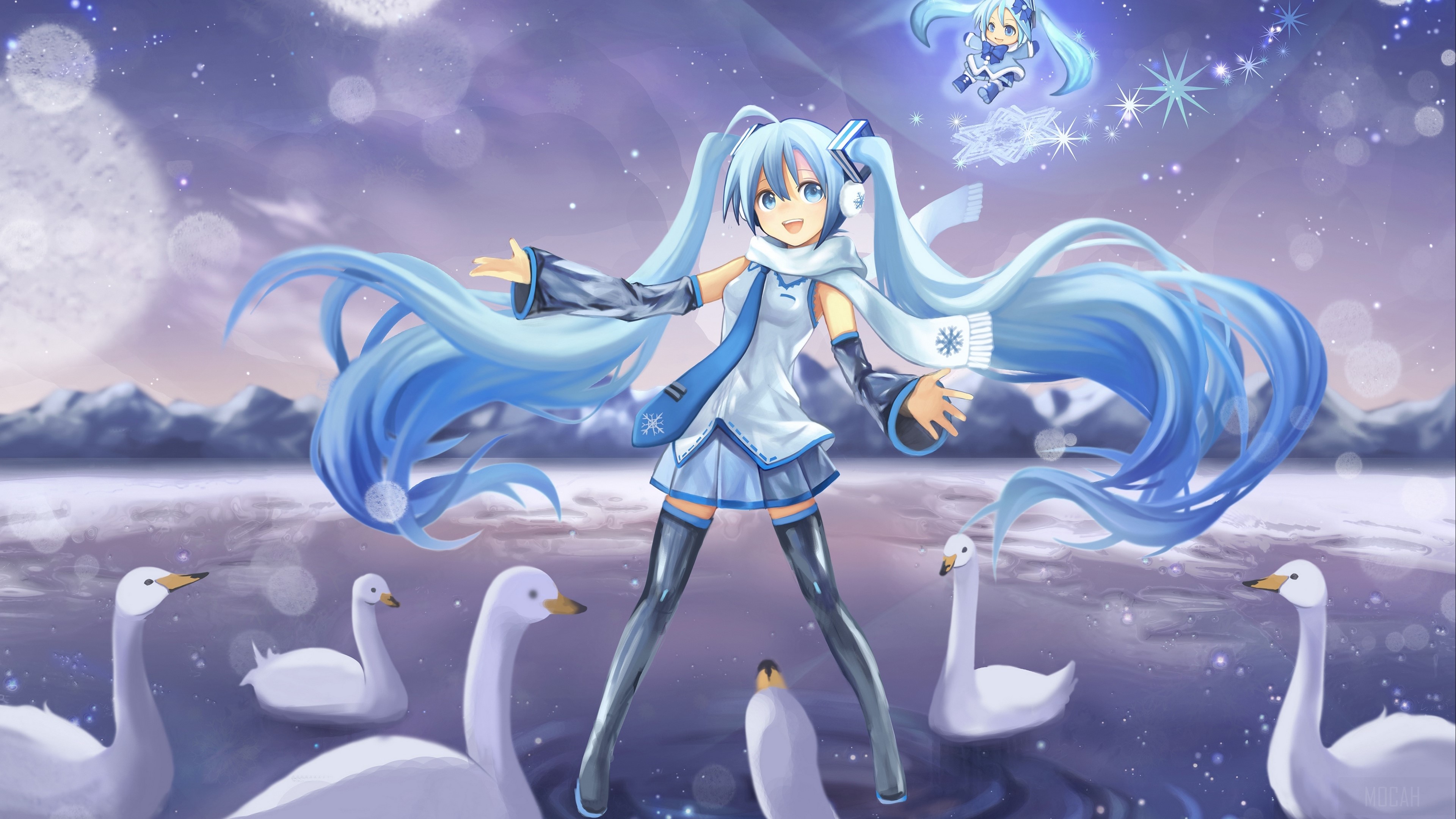 Yuki Miku from Vocaloid with Swans 4K HD Wallpaper