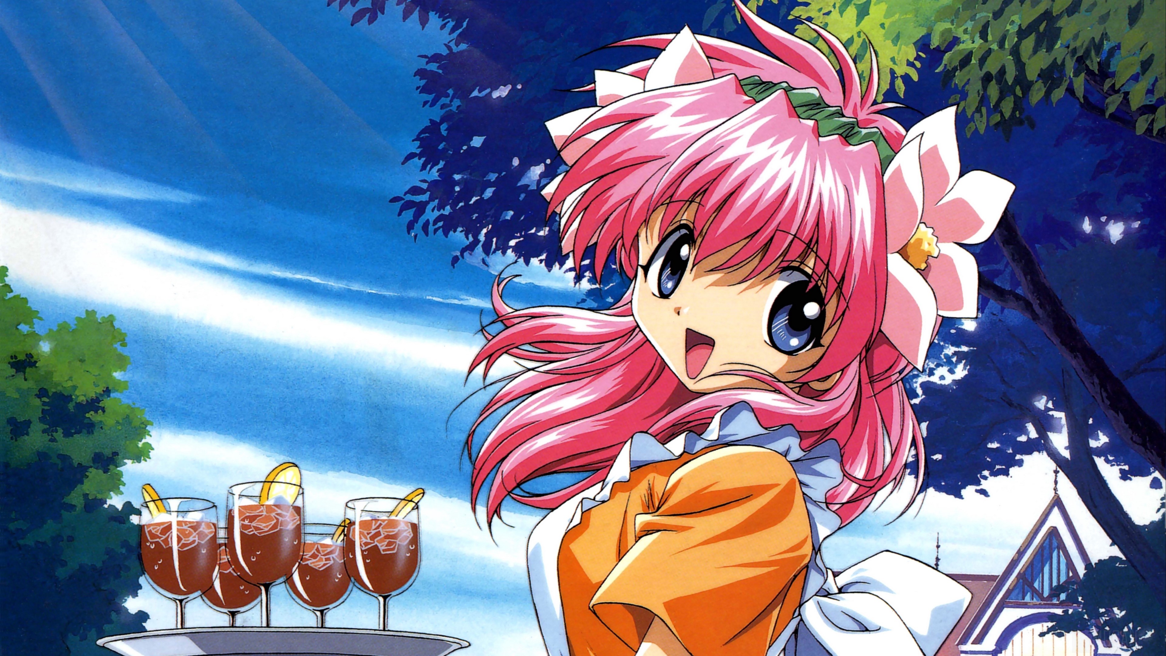 Girl with pink hair from Galaxy Angel holding a tray of drinks HD Wallpaper