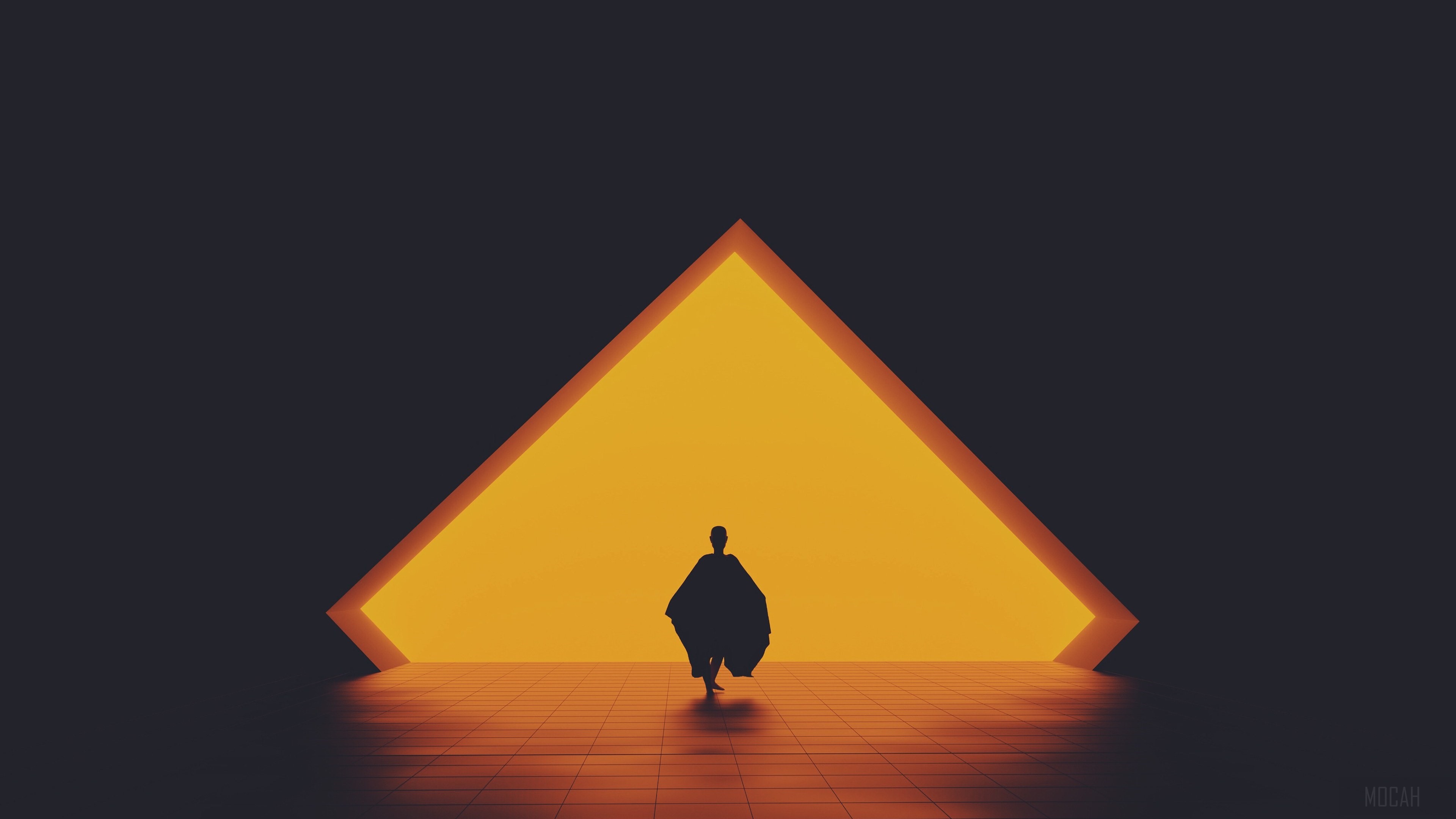 Silhouette walking towards a glowing pyramid HD Wallpaper