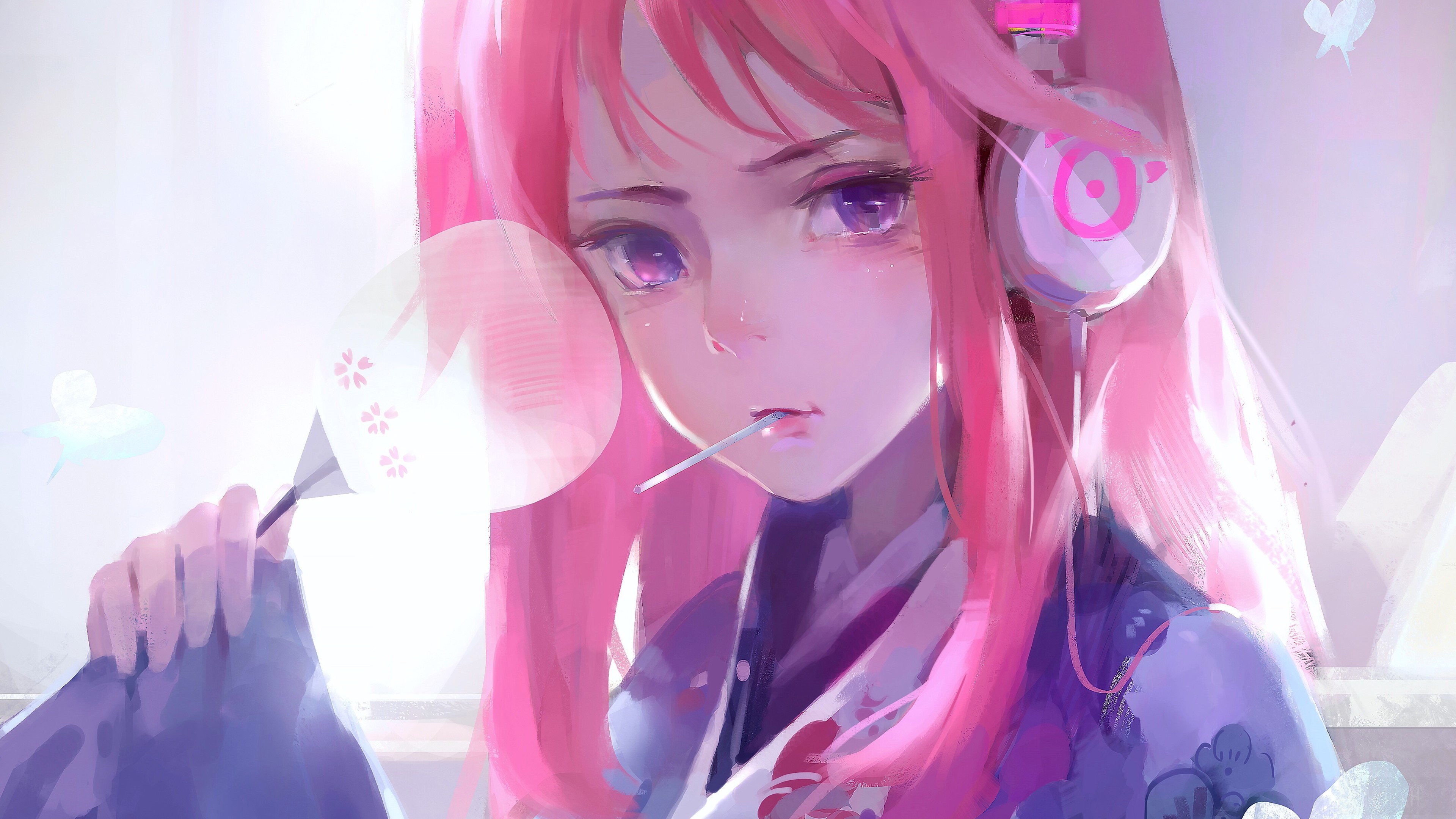 Cute Anime Girl with Pink Hair and Headphones 4K HD Wallpaper