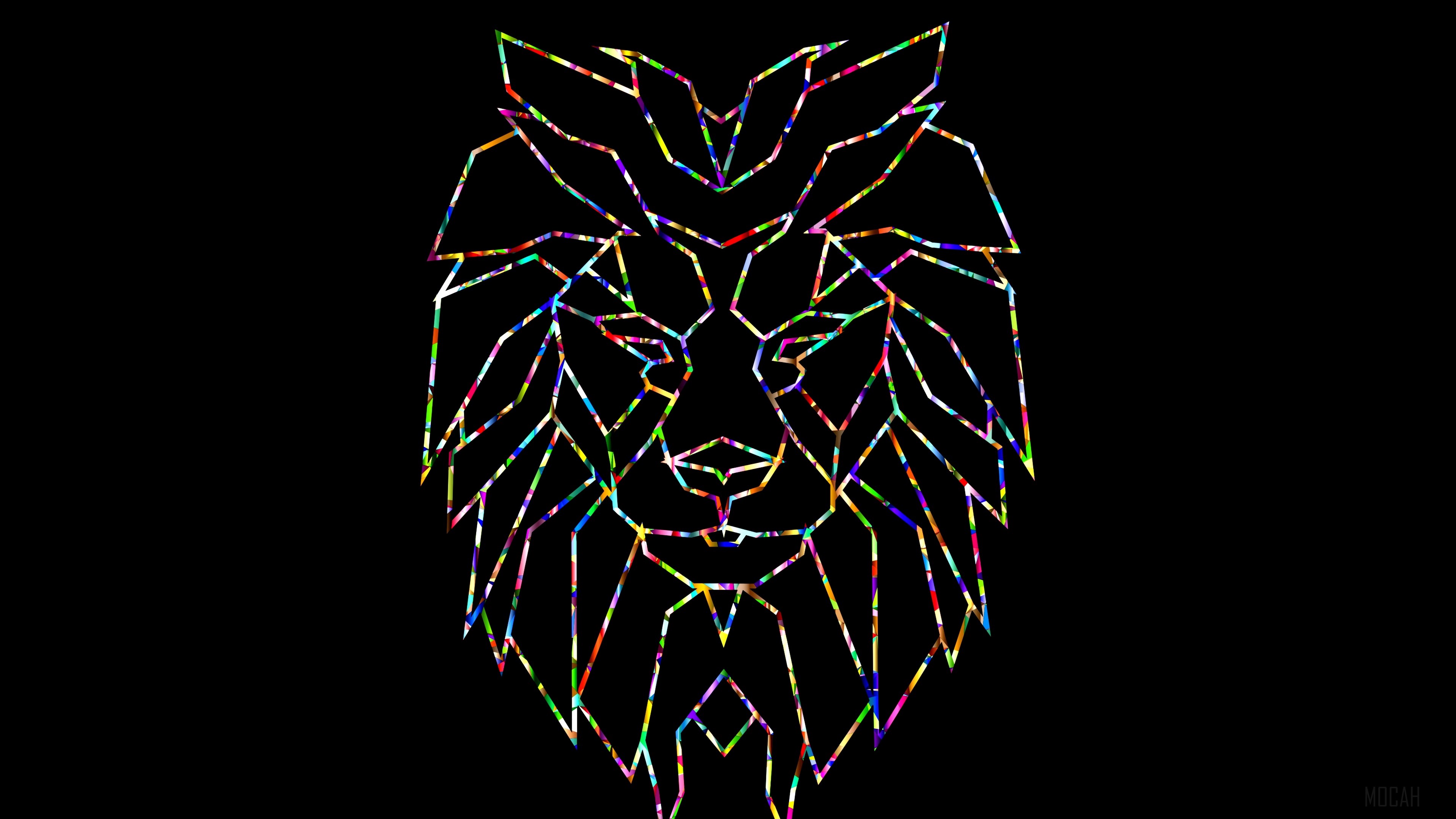 Colorful geometric lion head on black background 4K HD Wallpaper