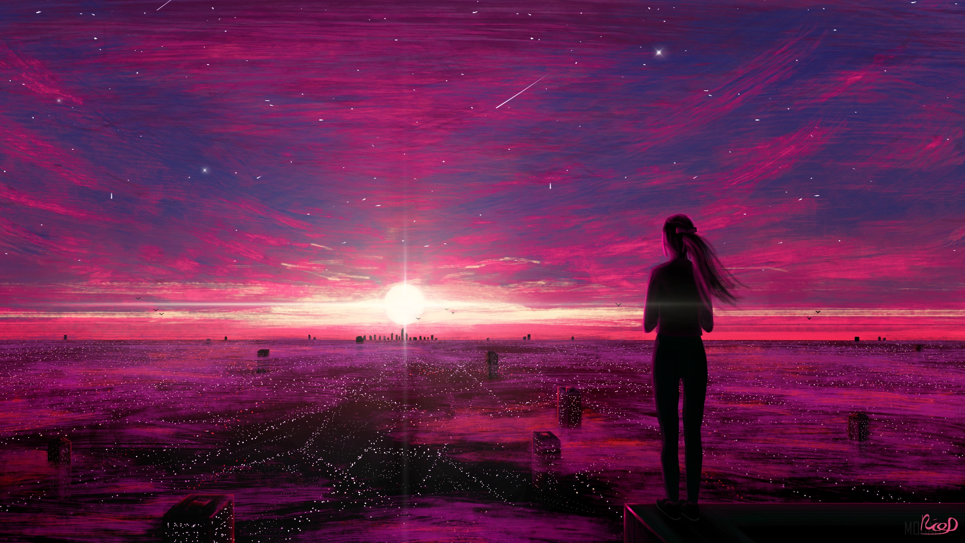 Silhouette of a girl watching a futuristic city at sunset HD Wallpaper