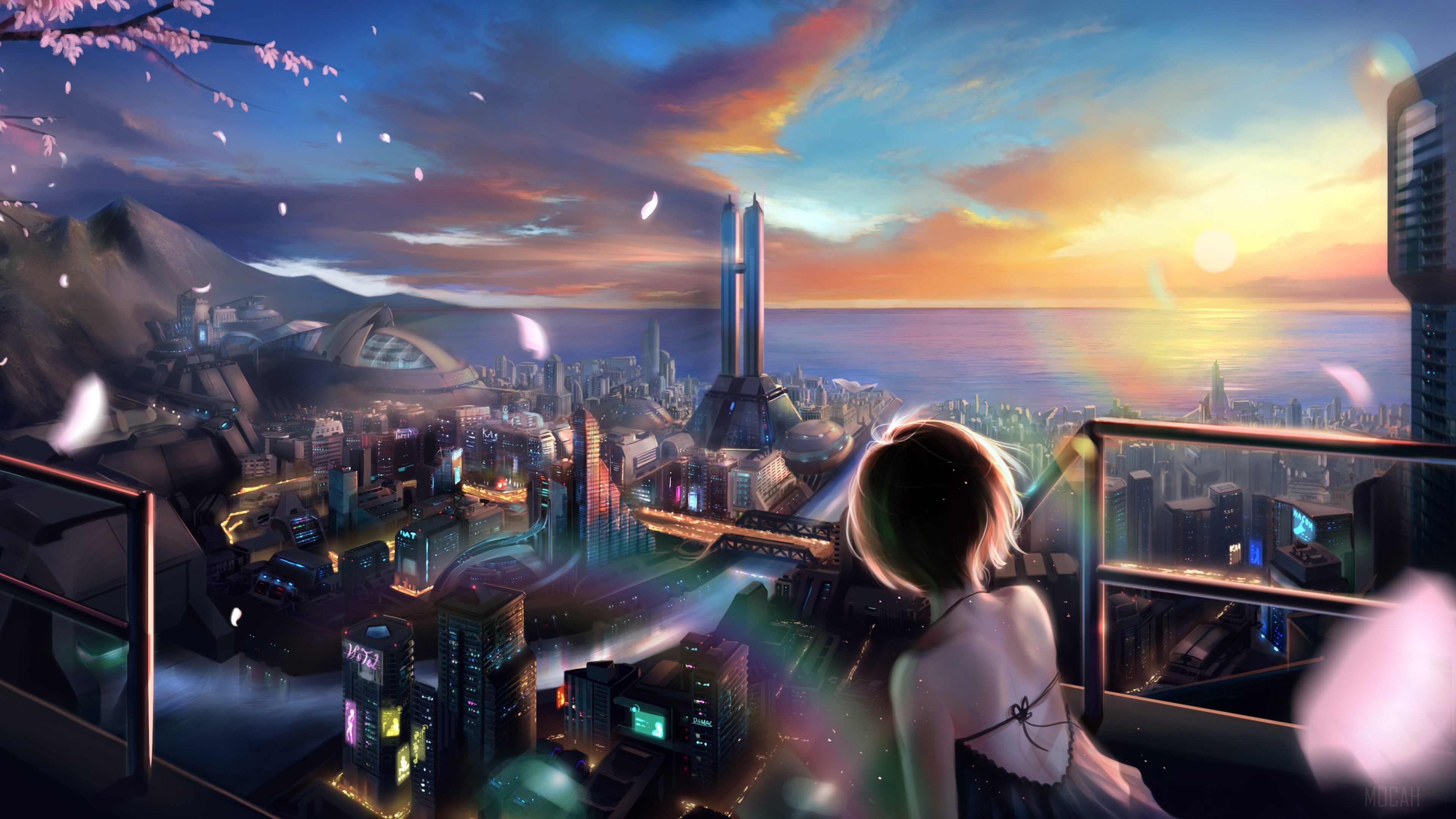 Anime girl with short hair overlooking futuristic city at sunset 4K HD Wallpaper