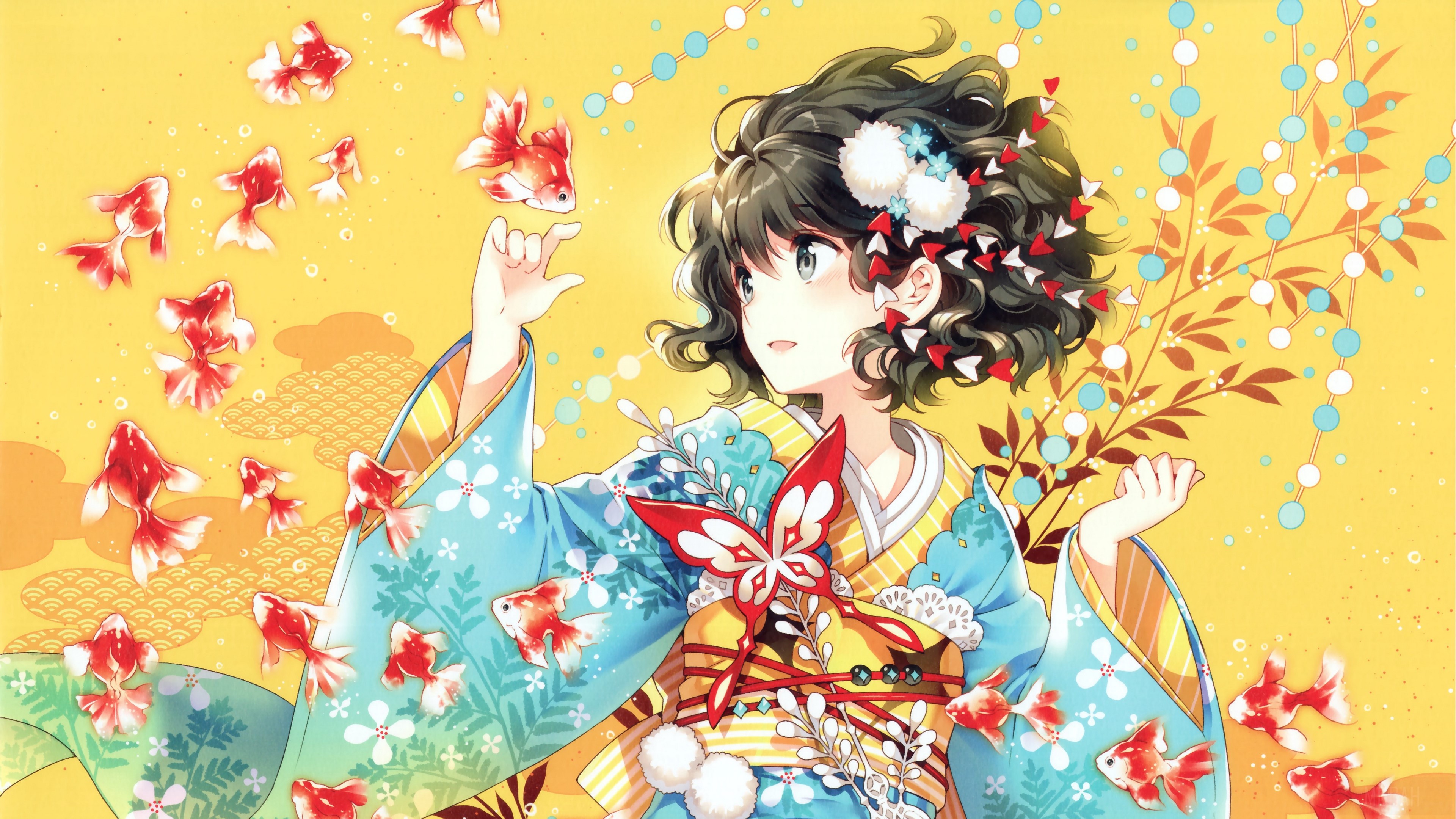 Anime girl in kimono with goldfish and butterfly HD Wallpaper