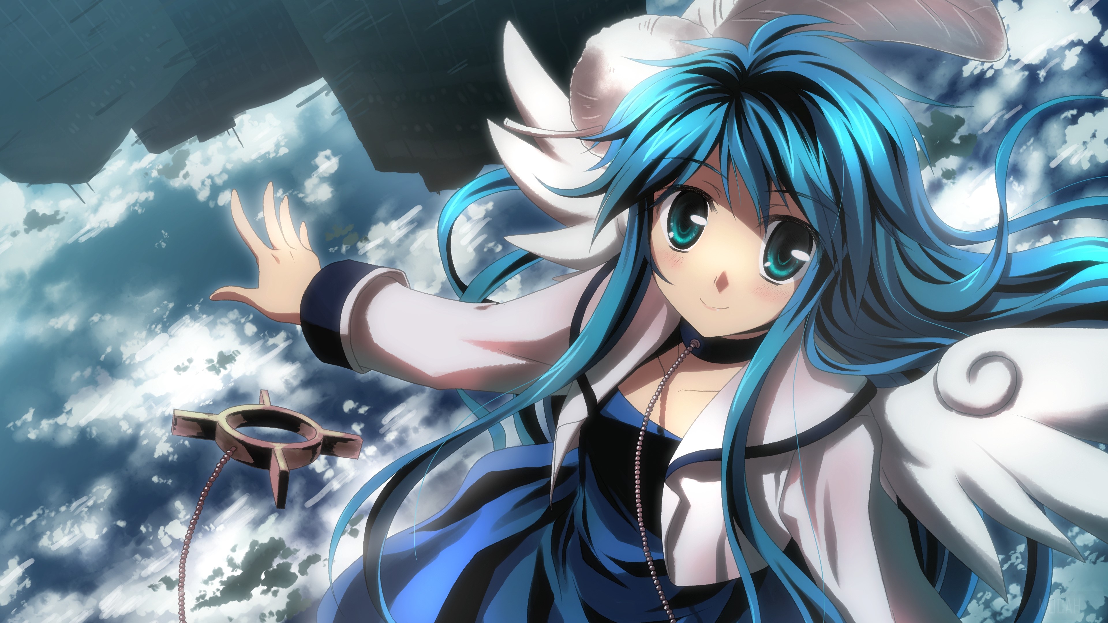 Anime girl with blue hair in the sky 4K HD Wallpaper