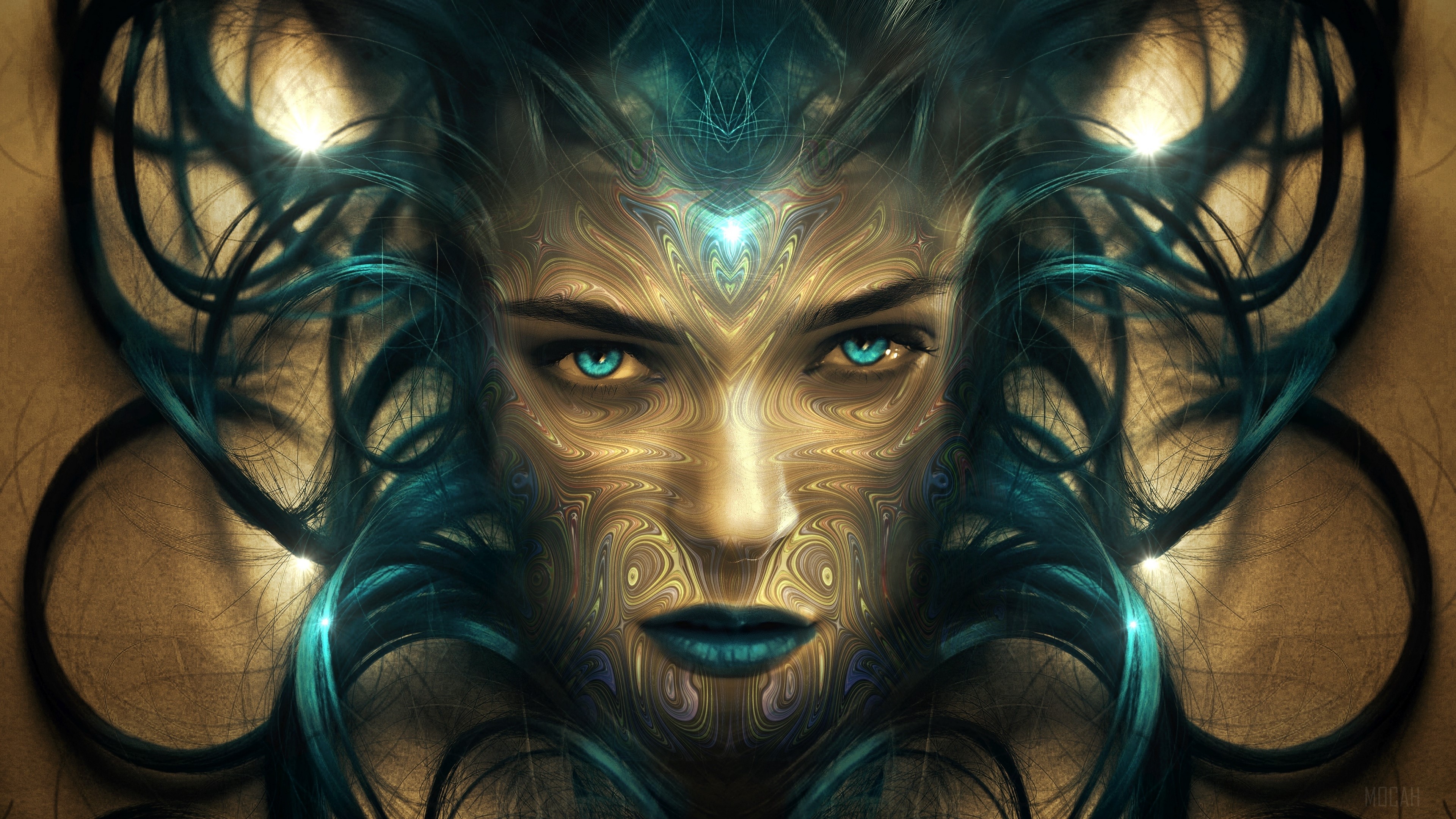 Surreal face with blue hair 4K HD Wallpaper